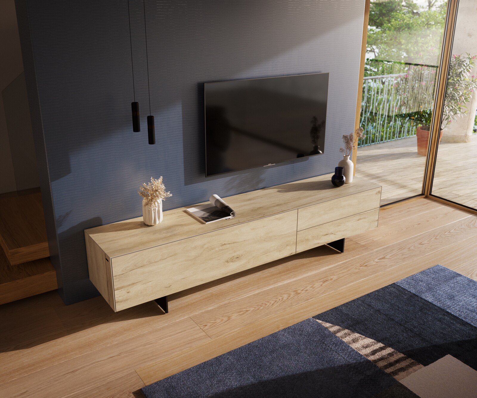 Lowboard Cuor 220 cm Keramik Laminam® Sabbia Eichefarbig 1 Klappe 2 Schubfächer Fuß Schwebeoptik Metall Schwarz 4