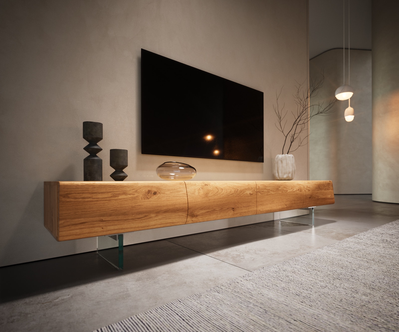 Lowboard New Live-Edge 200 cm Eiche Natur 4 Türen Glasfuß 5