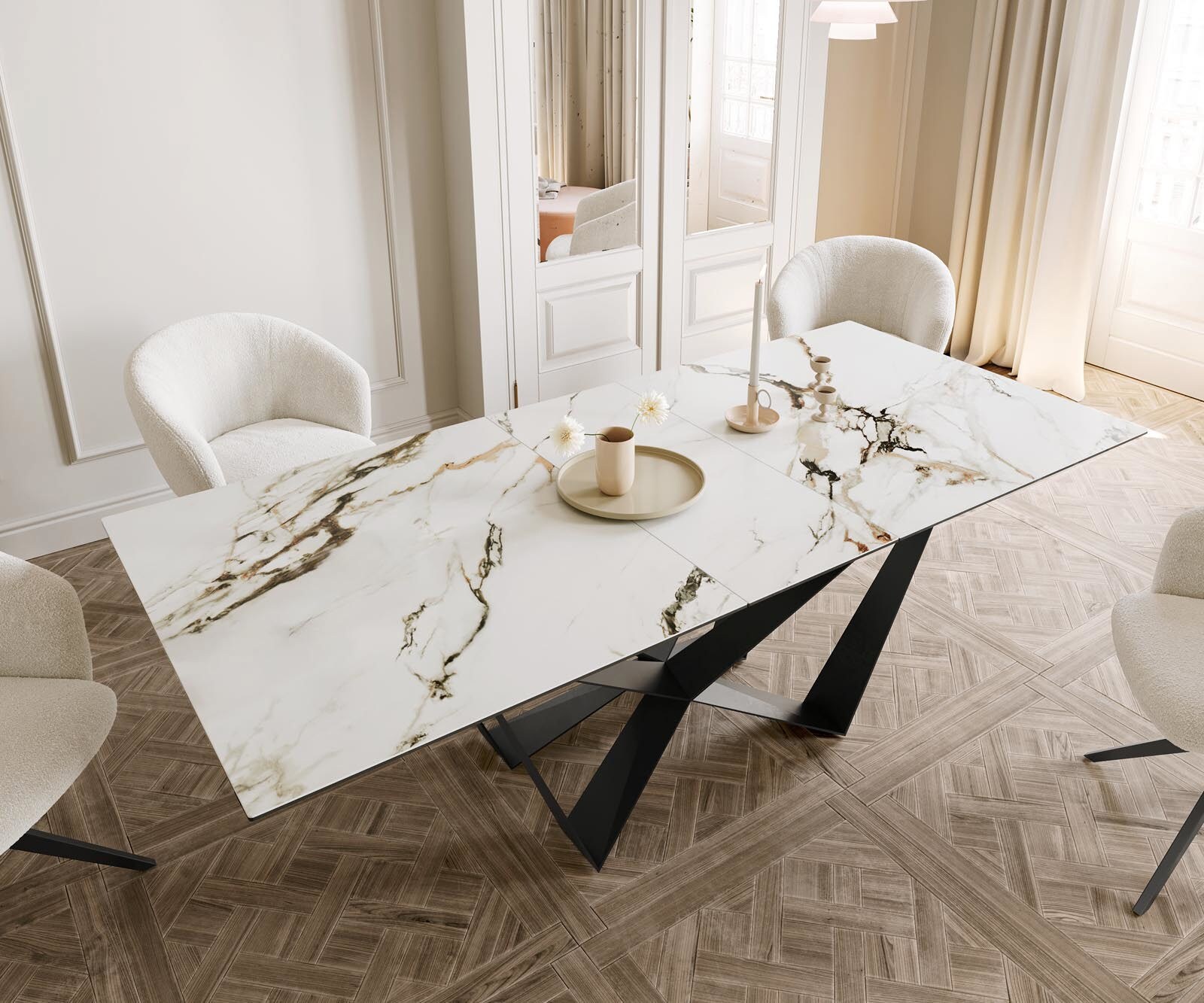 Esstisch Edge 180-220x100 Keramik Calacatta Luxe Weiß-Gold-Grau Spider Flachstahl Schwarz ausziehbar 4