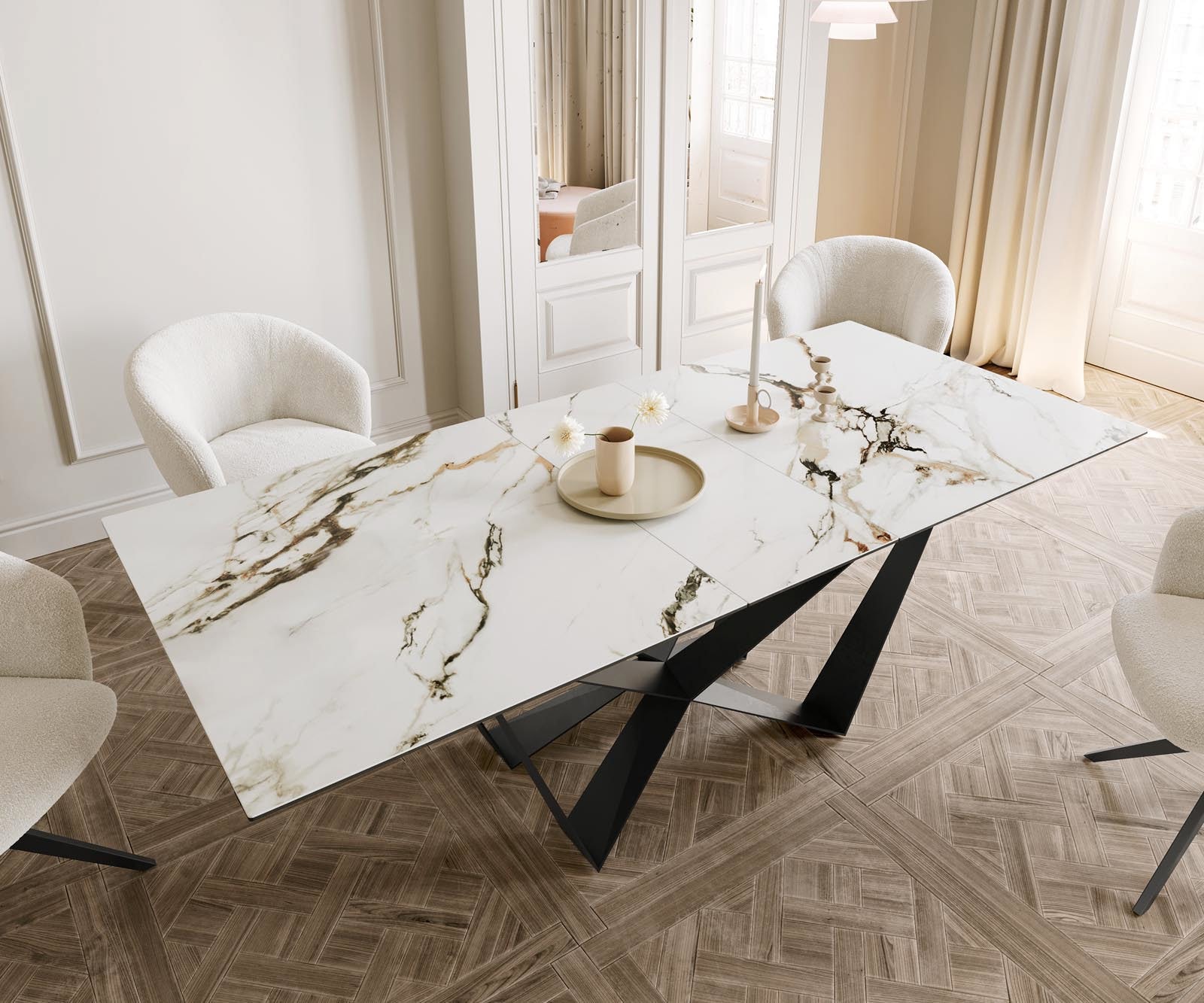 Esstisch Edge 180-220x100 Keramik Calacatta Luxe Weiß-Gold-Grau Spider Flachstahl Schwarz ausziehbar 4 Esstisch Edge 180-220x100 Keramik Calacatta Luxe Weiß-Gold-Grau Spider Flachstahl Schwarz ausziehbar 4