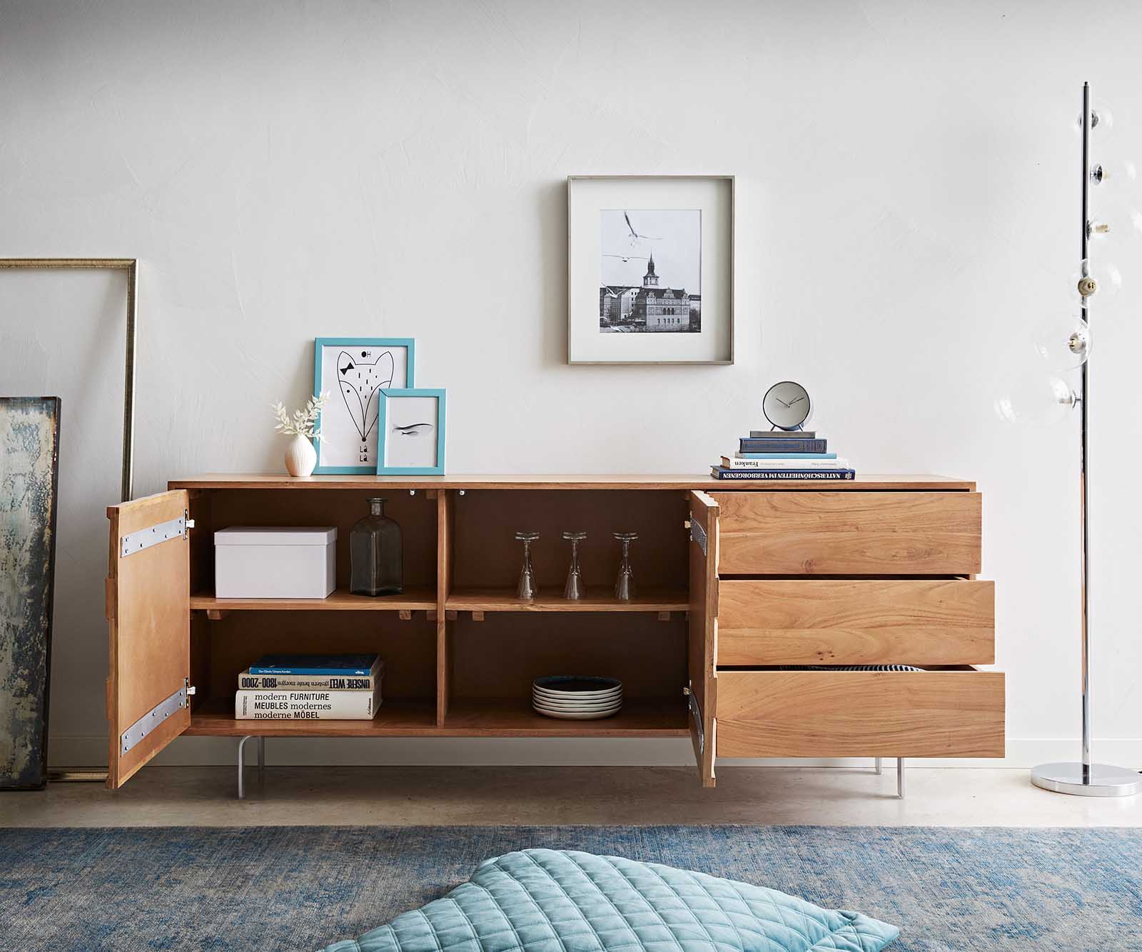 Sideboard Fevo 175 cm Akazie Natur 2 Türen 3 Schubfächer L-Fuß 3