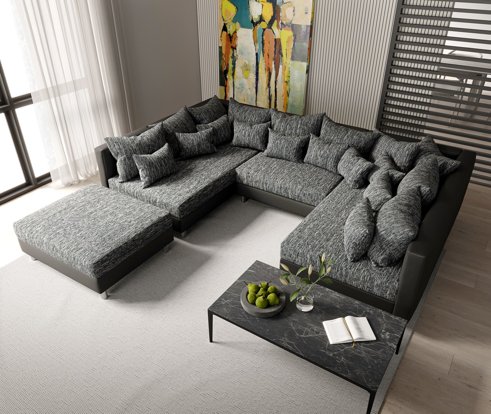 Wohnlandschaft Clovis Schwarz Modulsofa mit Hocker  3
