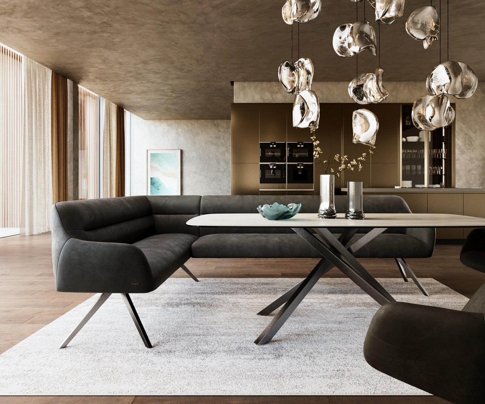 Esszimmerbank Taya-Flex 285x190 cm Mikrofaser Anthrazit Vintage Kreuzgestell kantig Graphit Taschenfederkern Rechts 1