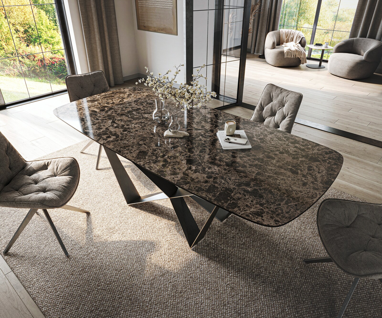 Esstisch Edge Boot 180-220x100 cm Keramik Emperador Extra Lucidato Dunkelbraun Spider Flachstahl Edelstahl Graphit ausziehbar 4