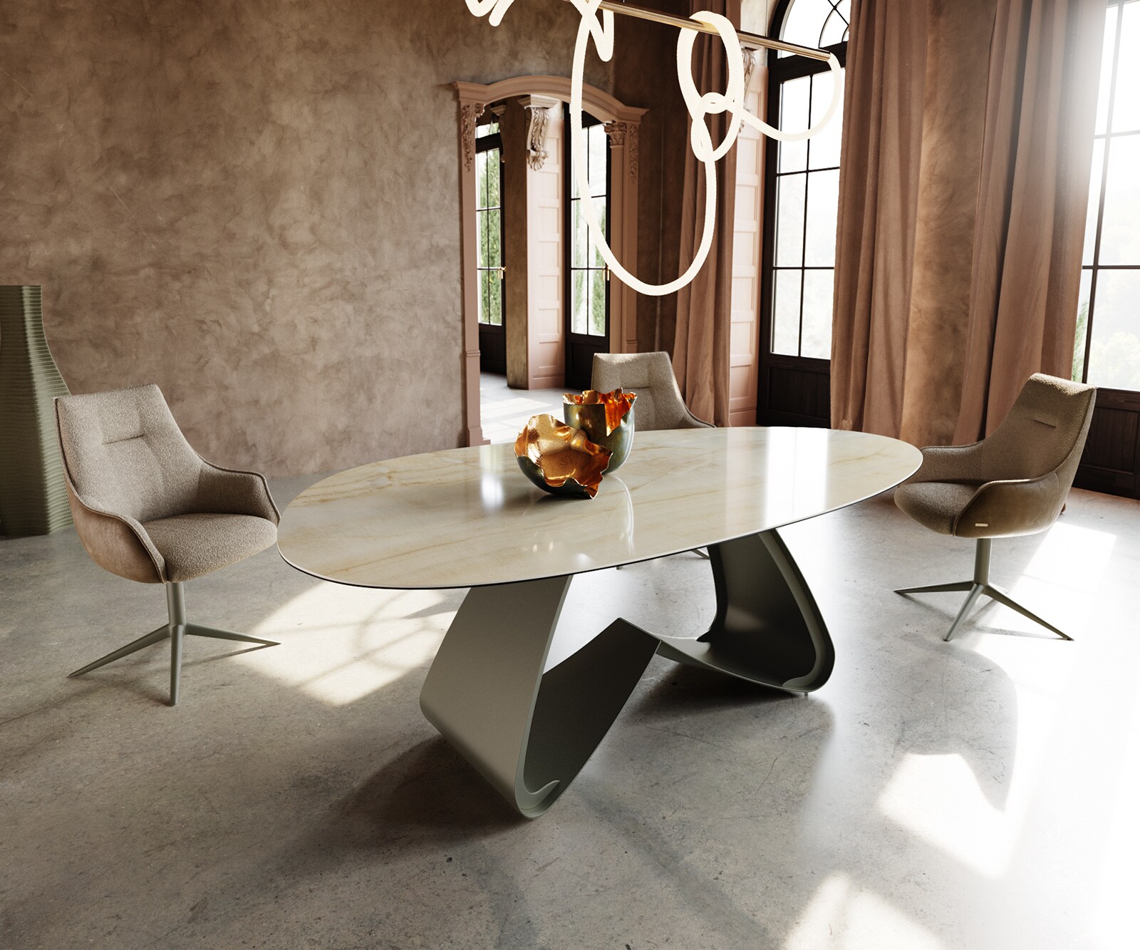 Table à manger Edge ovalee céramique Iris FMG Onice Oro cadre en W métal effet finition titanee