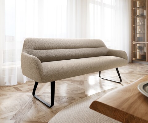 Esszimmerbank Taya-Flex 200 cm Bouclé Schlamm Kufengestell flach Schwarz Taschenfederkern