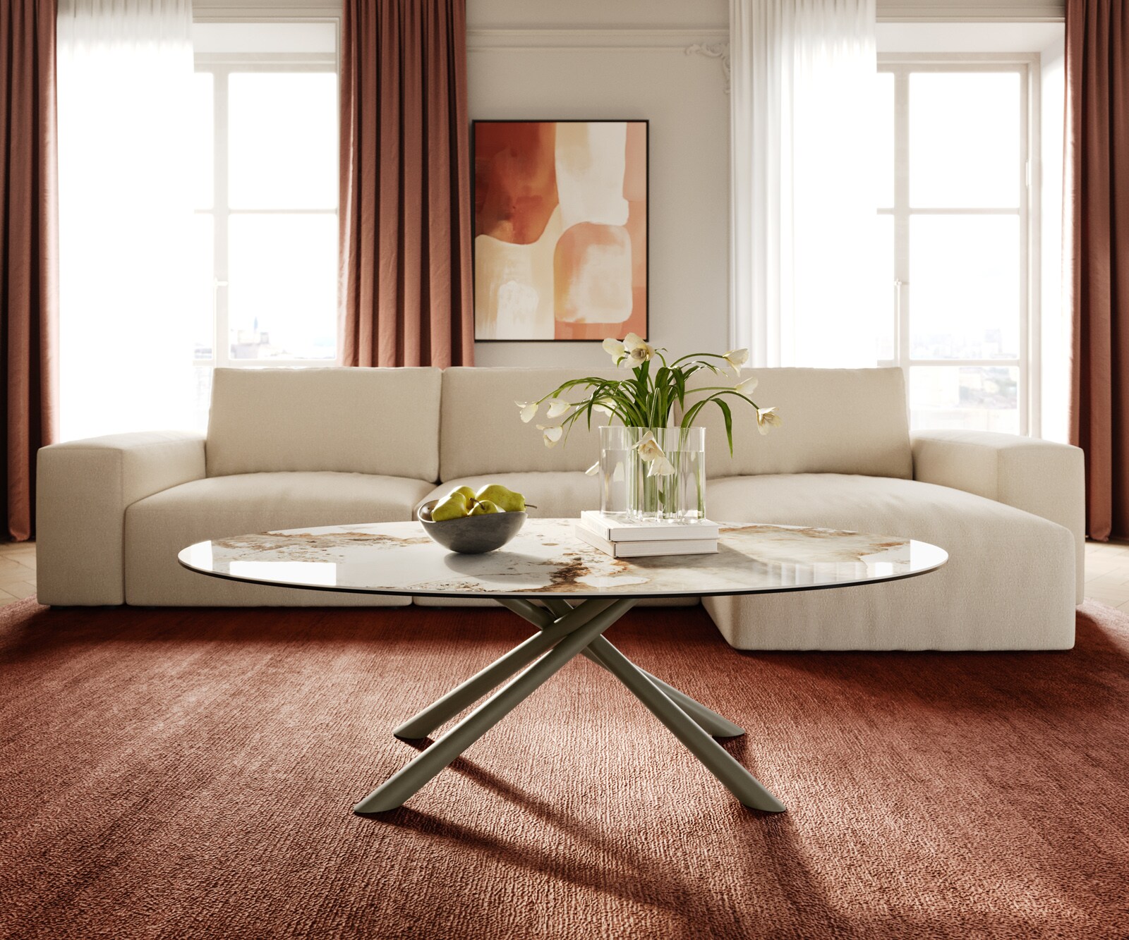 Couchtisch Edge Oval 140x80 cm Keramik Minas Melange Sarity Metall Effektfinish Titan 1