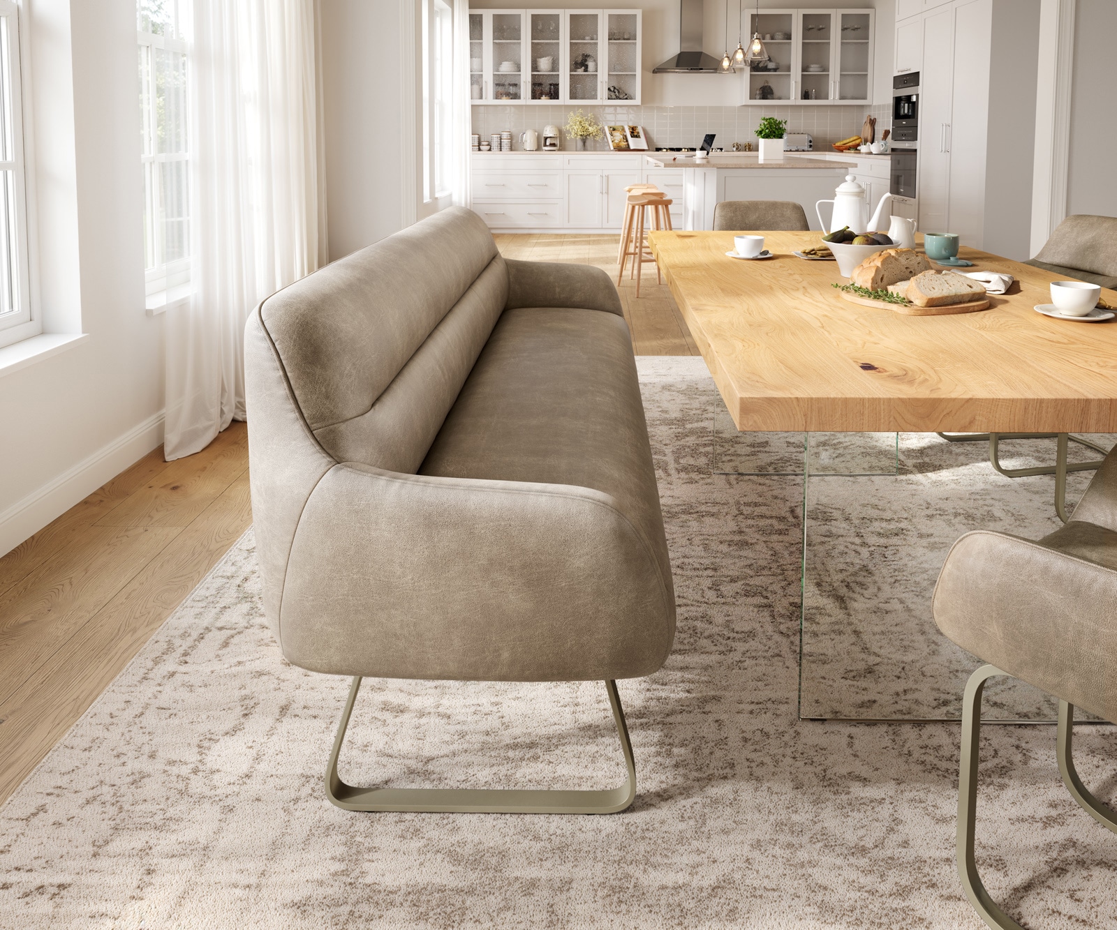 Esszimmerbank Taya-Flex 200 cm Mikrofaser Beige Vintage Kufengestell flach Effektfinish Titan Taschenfederkern 1