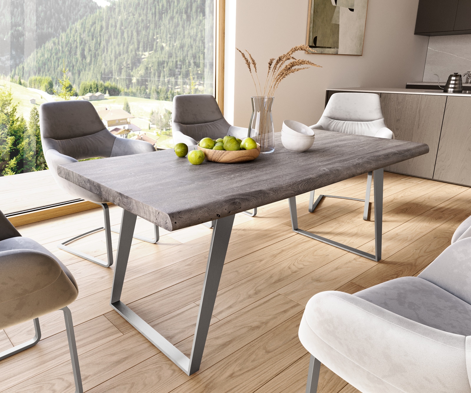 Esstisch Edge 180x90 XL Akazie Platin Edelstahl Schräg Live-Edge günstig online kaufen