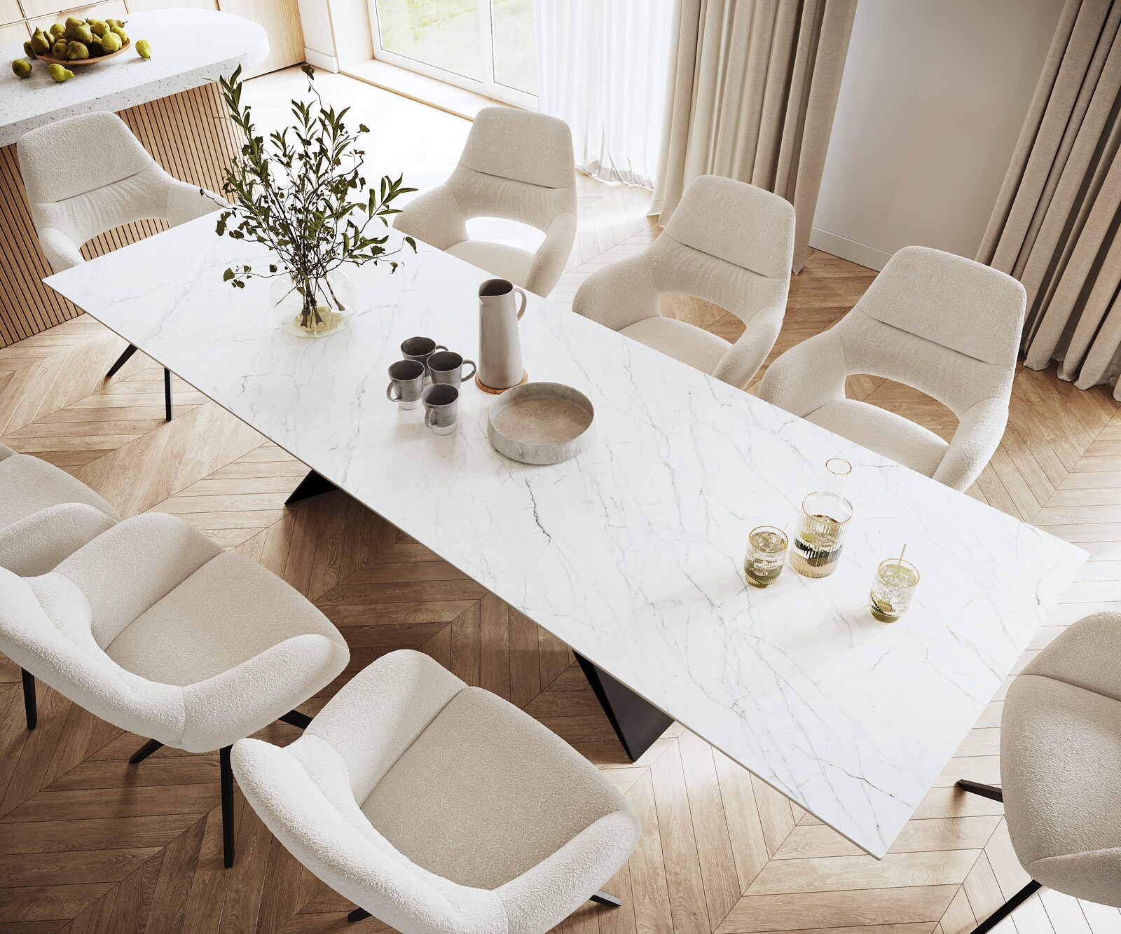 Esstisch Edge 300x100cm Keramik Laminam®Statuarietto Weiß V-Mittelfuß Schwarz 3