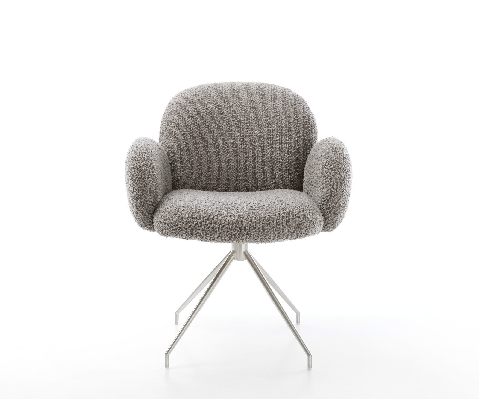 Drehstuhl Nube-Flex mit Armlehnen Bouclé Silbergrau Kreuzgestell konisch Edelstahl 180° drehbar Taschenfederkern 1