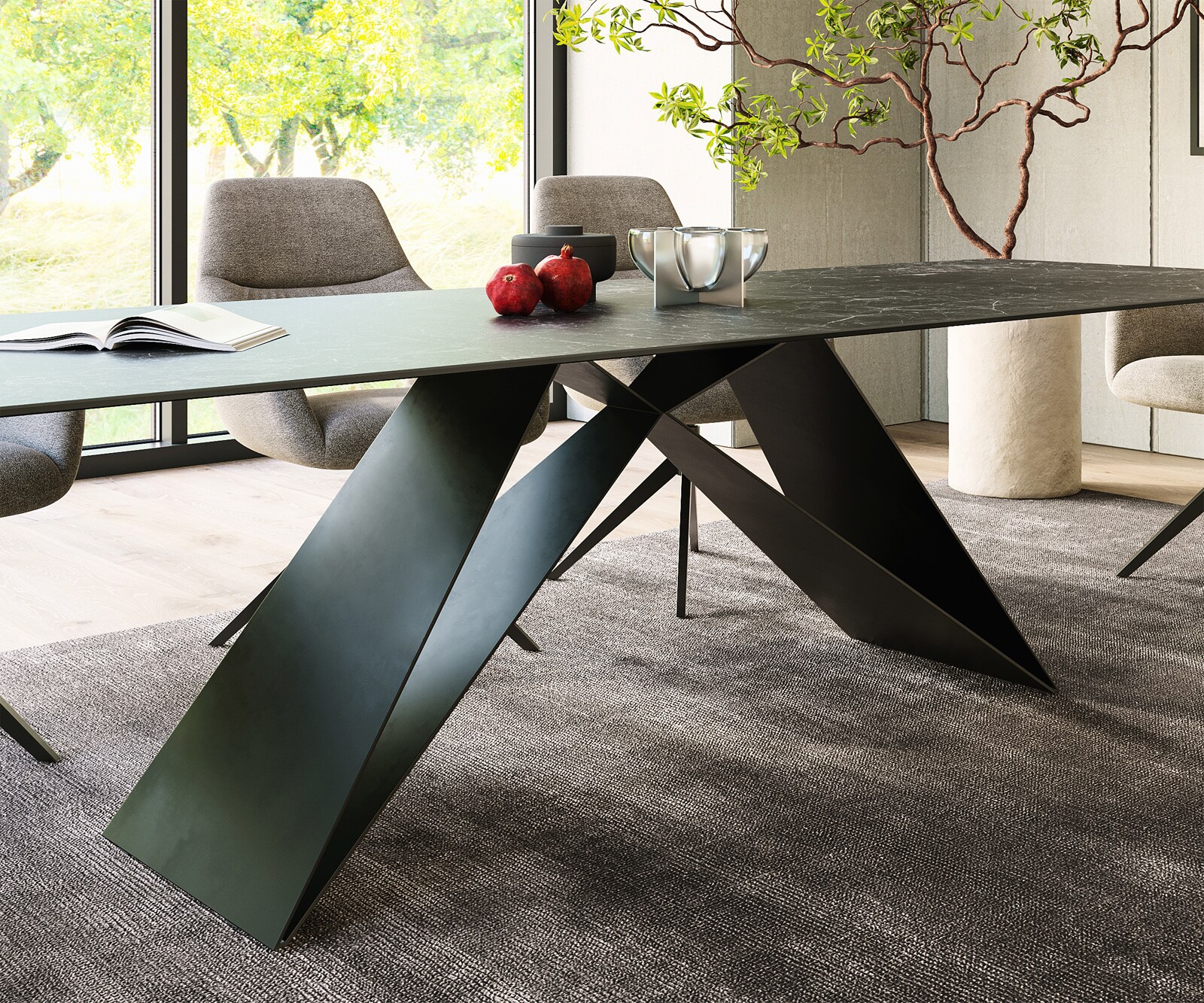 Esstisch Edge 300x100cm Keramik Laminam®Nero Greco Anthrazit V-Mittelfuß Schwarz 6