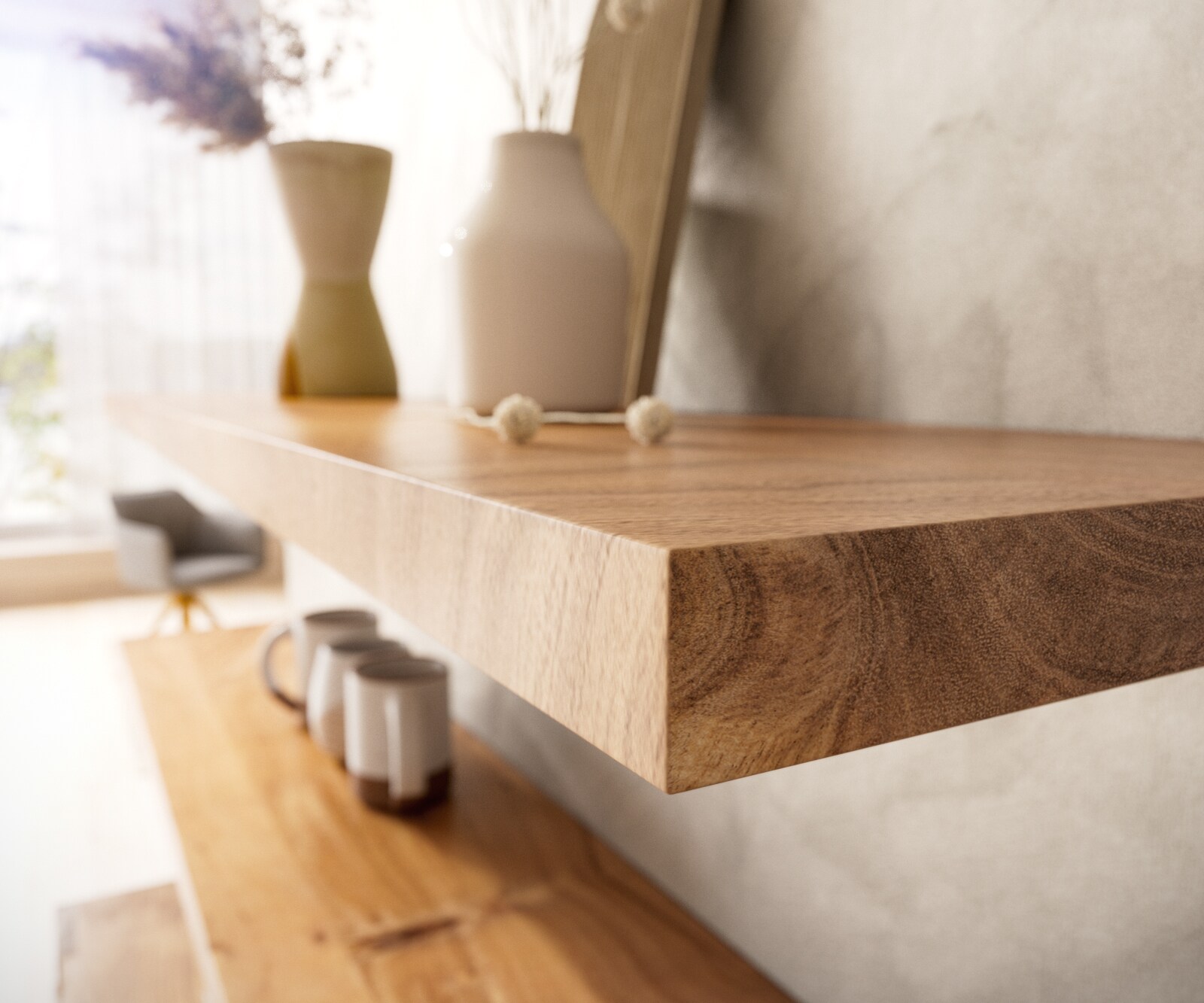 Wandregal Edge 145 cm Akazie Natur gerade Kante Massiv 3