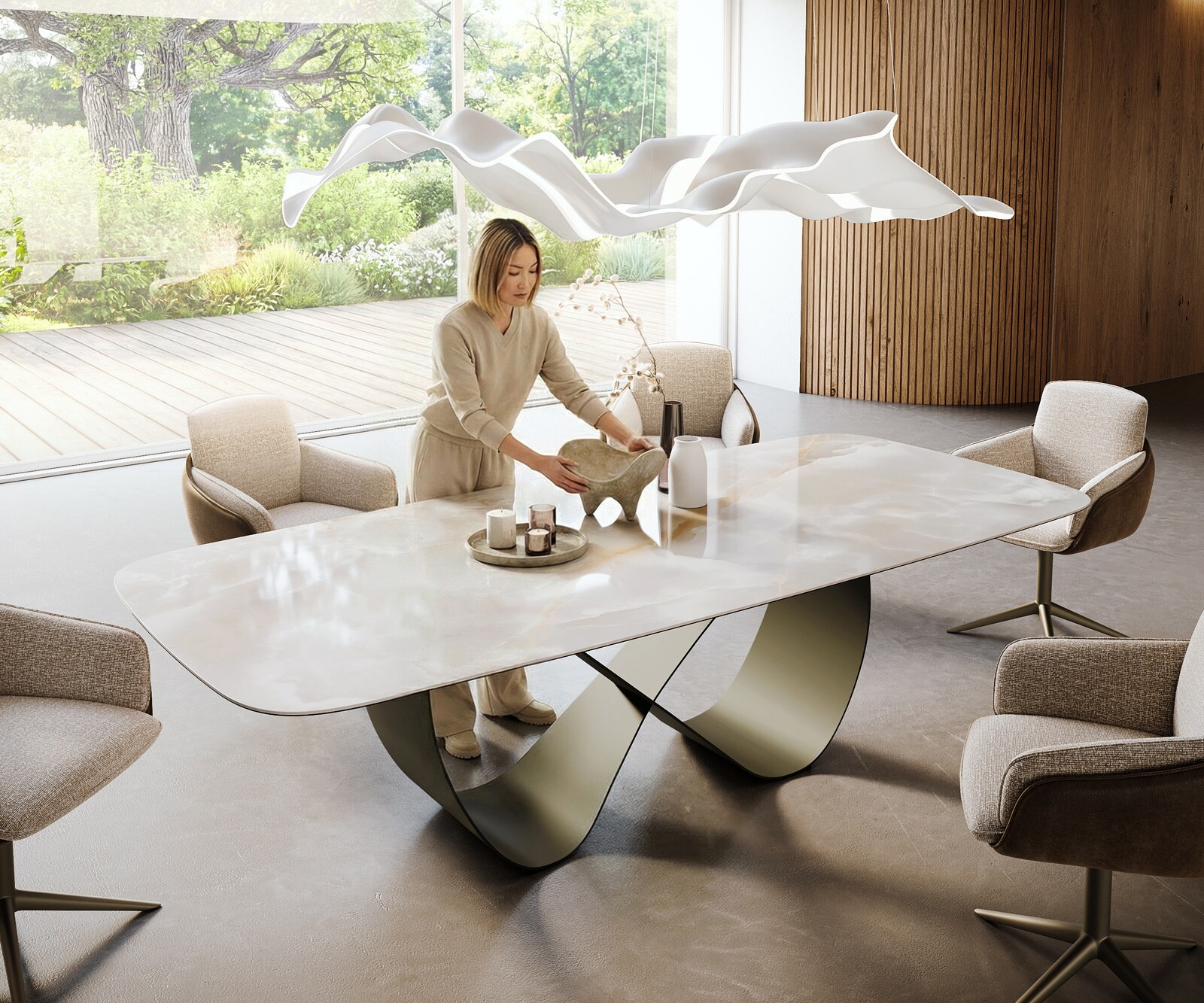 Esstisch Edge Boot 270x120 cm Keramik Iris FMG Onice Grigio Infinity Metall Effektfinish Titan 1