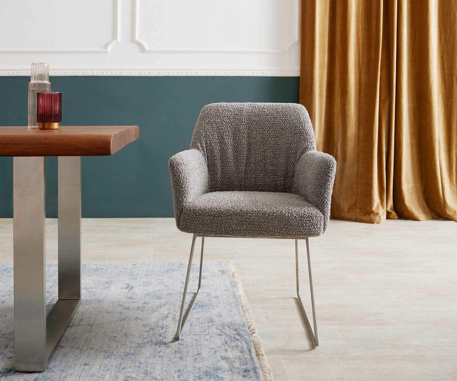 Esszimmerstuhl Xana-Flex mit Armlehnen Bouclé Silbergrau Kufengestell Edelstahl Taschenfederkern 1 Esszimmerstuhl Xana-Flex mit Armlehnen Bouclé Silbergrau Kufengestell Edelstahl Taschenfederkern 1