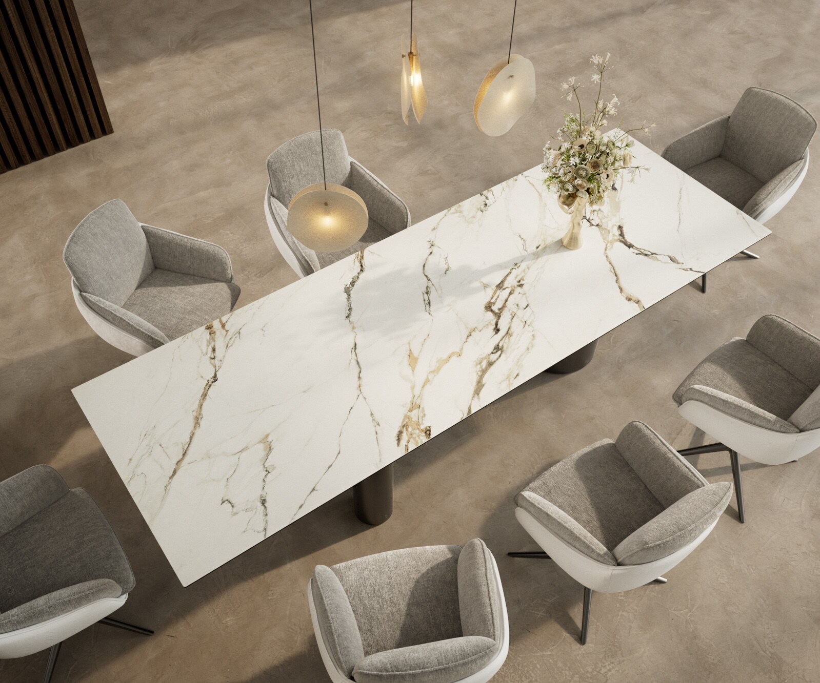 Esstisch Edge 300x100 Keramik Calacatta Luxe Weiß-Gold-Grau Troa Edelstahl Graphit 3