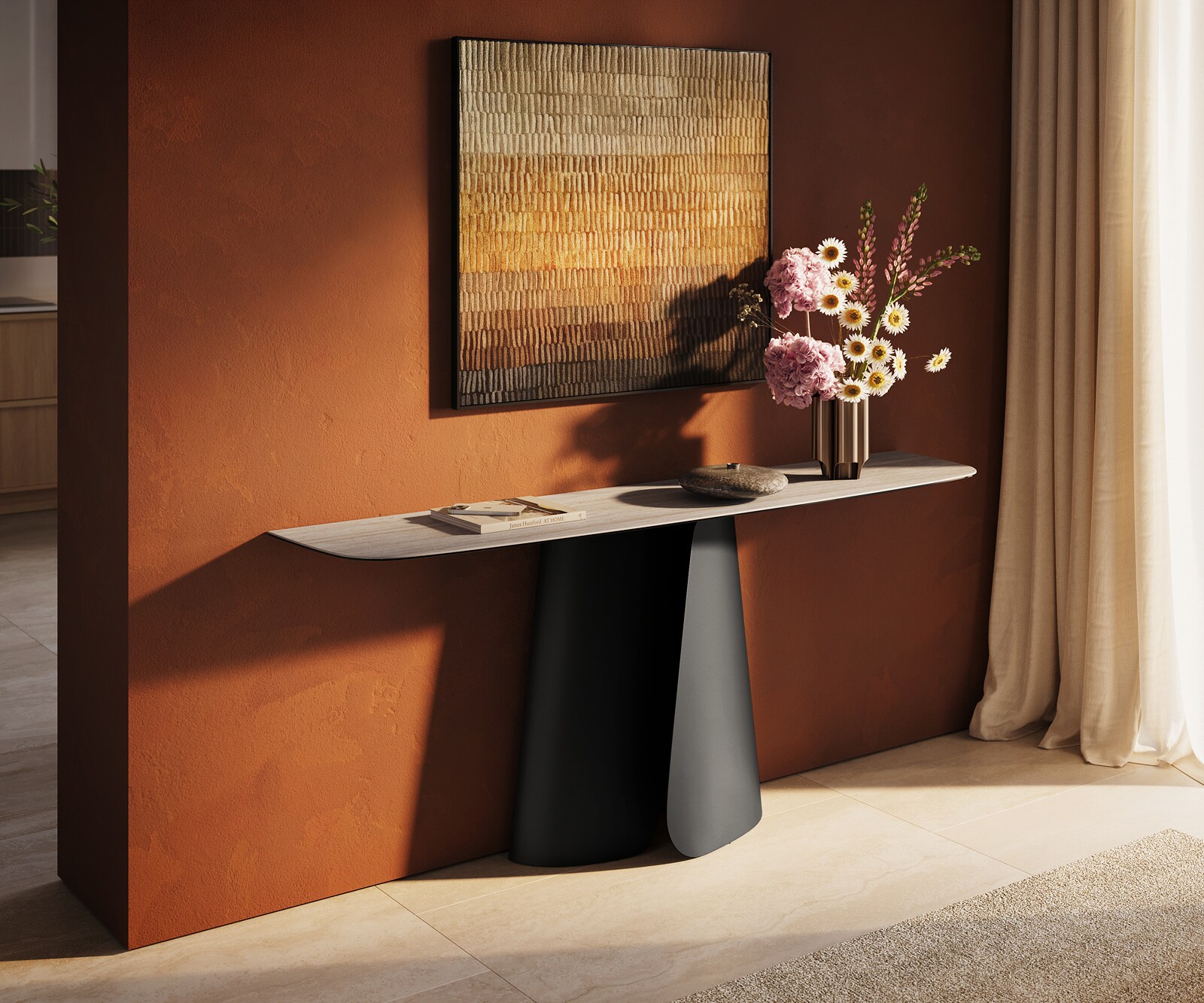 Konsolentisch Edge Boot 180x40 cm Keramik Laminam® Travertino Bianco Creme-Weiß Livos Metall Schwarz 1