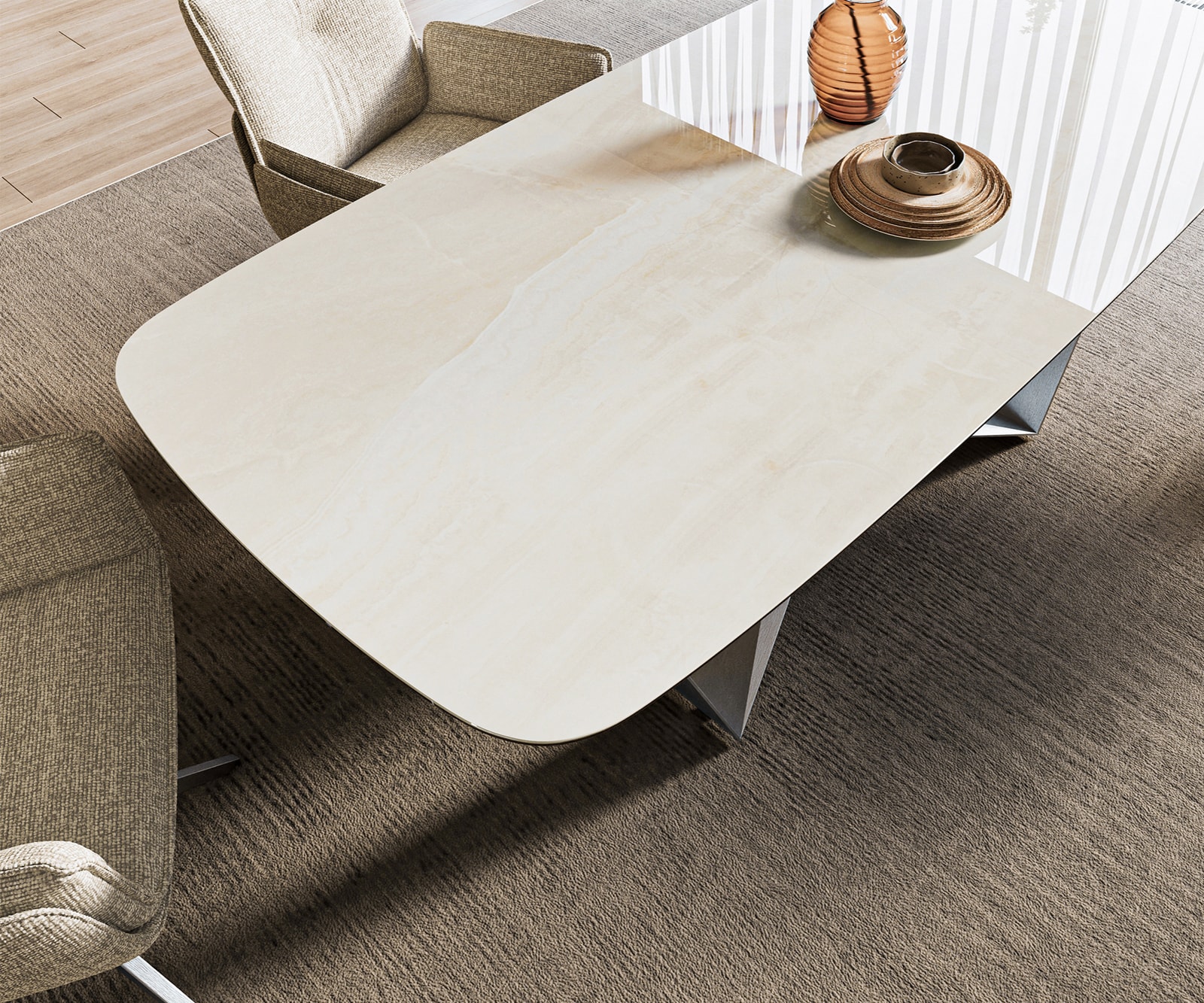 Esstisch Edge Boot 200x100 cm Keramik Onyx Champagne Spider Flachstahl Edelstahl Graphit 4