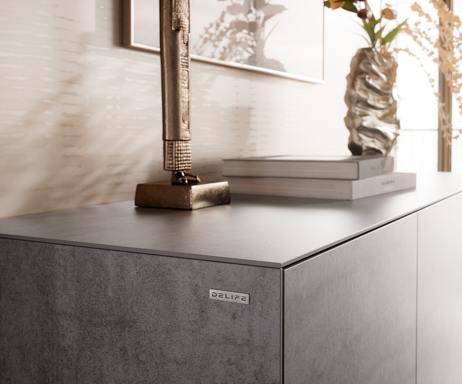 Sideboard Cuor 150 cm Keramik Beton Grau 3 Türen Fuß Schwebeoptik Acrylglas 6