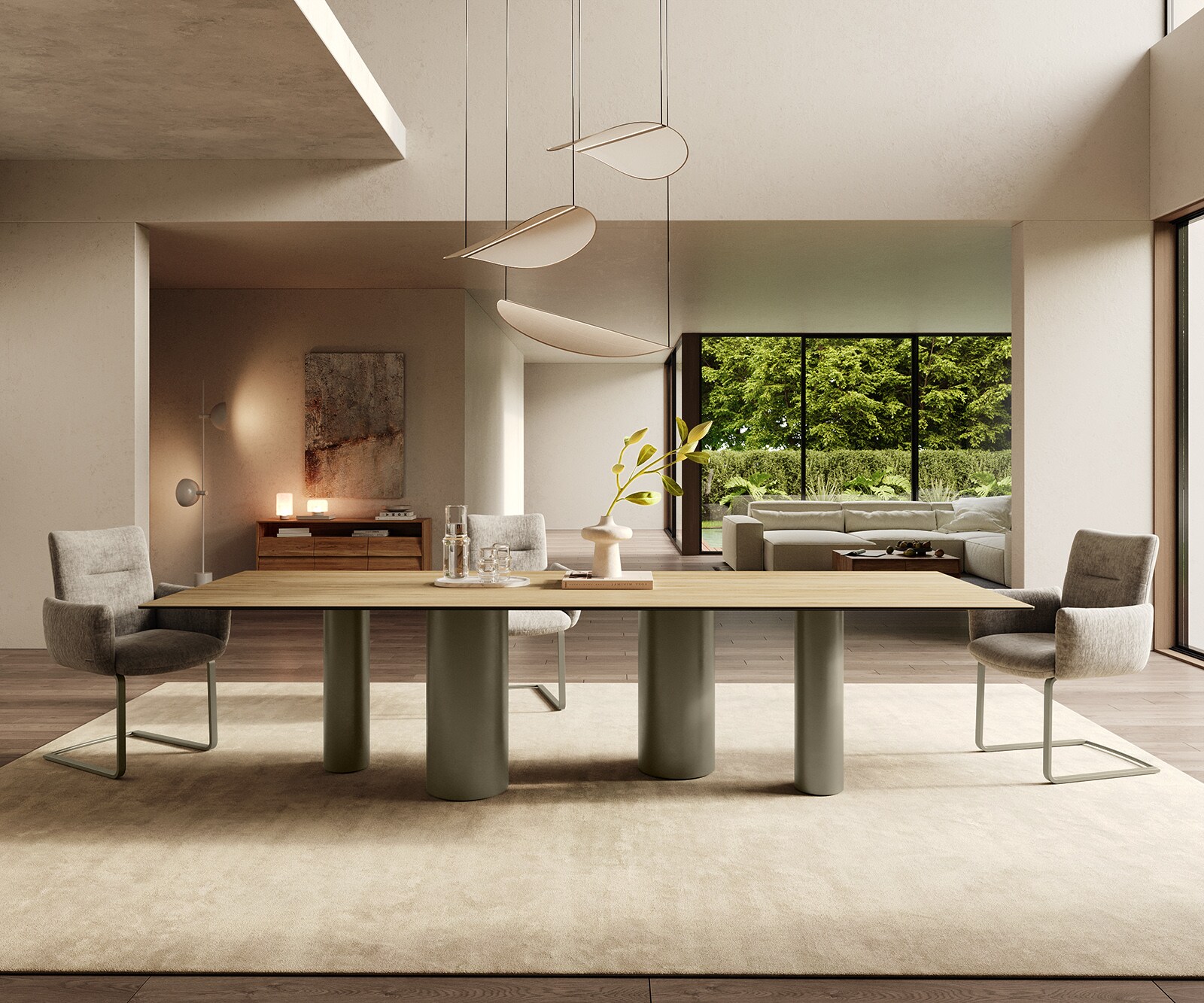 Esstisch Edge 300x100 Keramik Laminam® Sabbia Eichefarbig Pilier Metall Effektfinish Titan 2