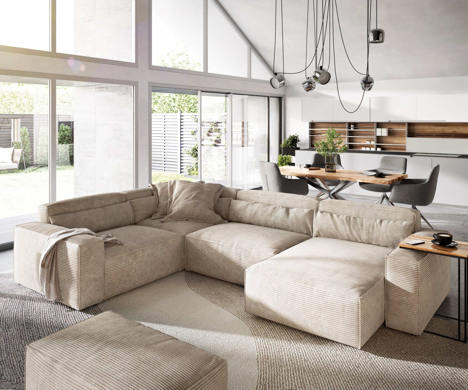 Wohnlandschaft Sirpio 300x210 cm Cord Beige Recamiere variabel mit Hocker 1