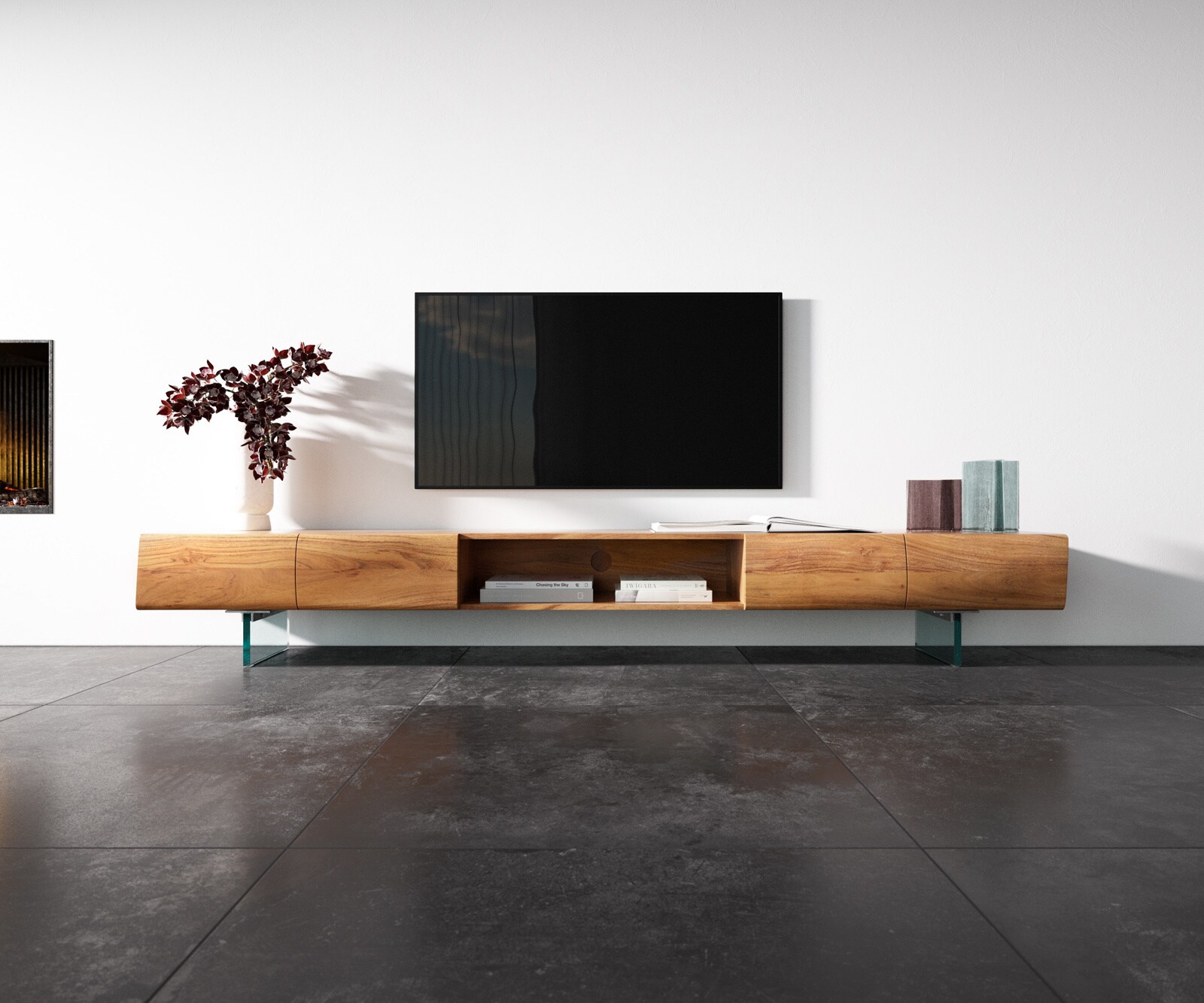 Lowboard New Live-Edge 240 cm Akazie Natur 4 Türen 1 Fach Glasfuß 3