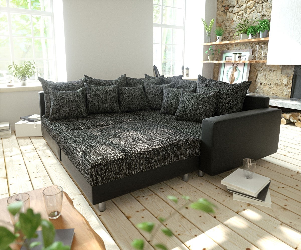 Ecksofa Clovis Schwarz modular Hocker Armlehne Ottomane Rechts 1