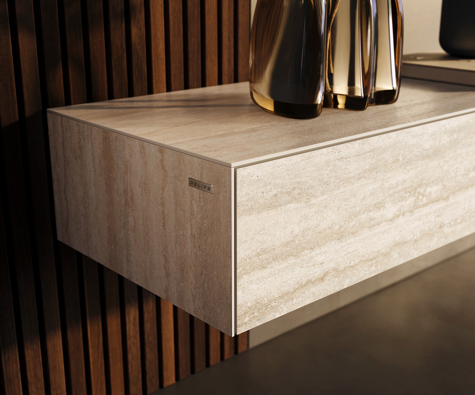 Lowboard Cuor 200 cm Keramik Laminam® Travertino Bianco Creme-Weiß 1 Klappe 1 Schubfach Fuß Schwebeoptik Edelstahl 5