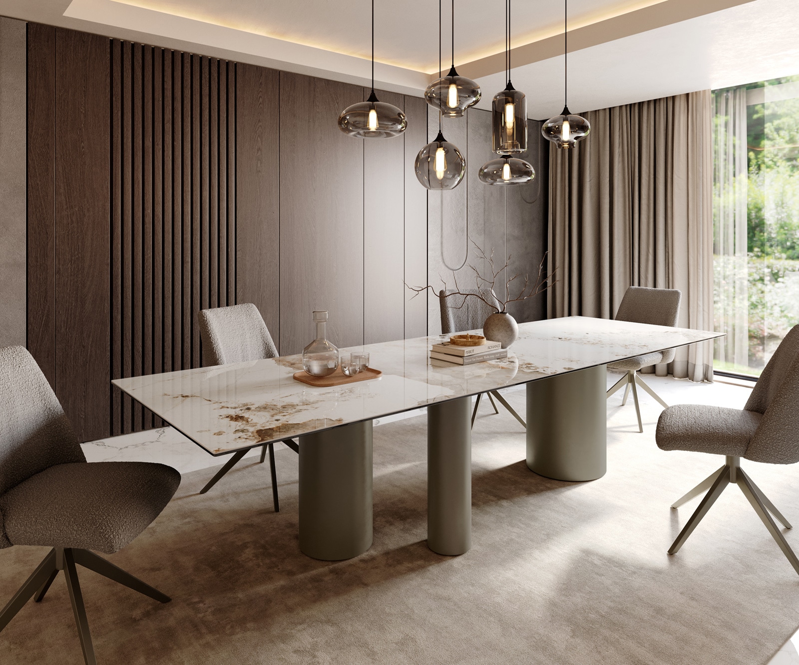 Esstisch Edge 300x100 Keramik Minas Melange Weiß-Beige Troa Metall Effektfinish Titan 1