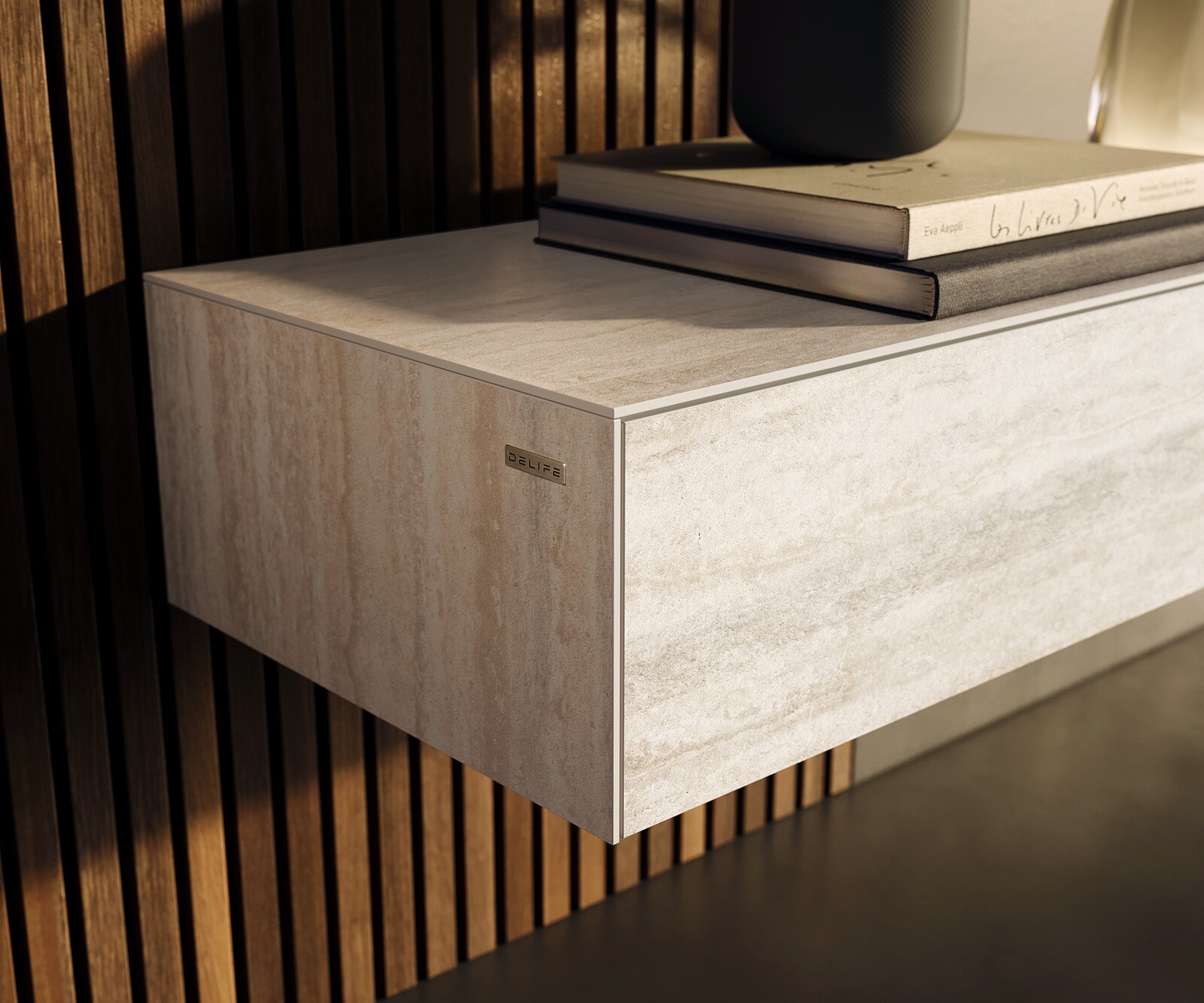 Lowboard Cuor 250 cm Keramik Laminam® Travertino Bianco Creme-Weiß 1 Klappe 1 Schubfach Schwebend 6