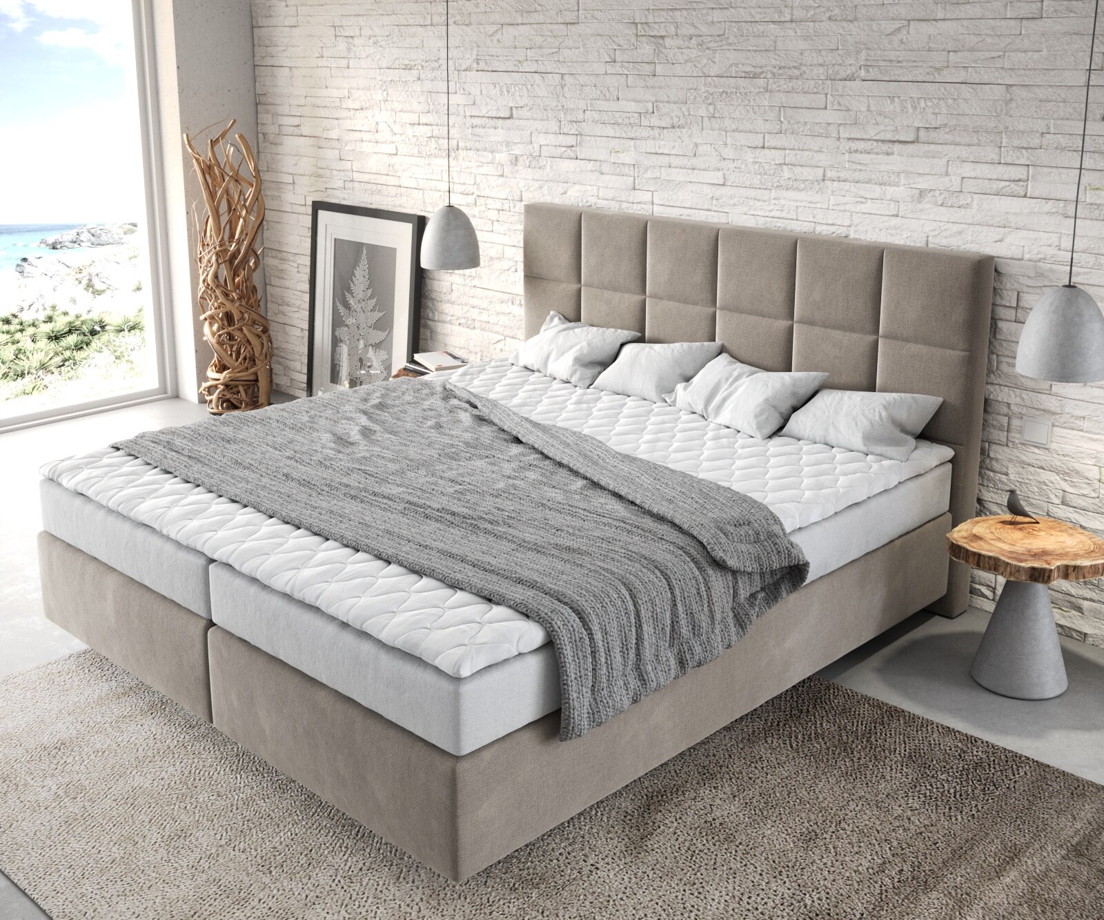 Boxspringbett Dream-Fine 180x200 cm Mikrofaser Beige mit Matratze und Topper 3