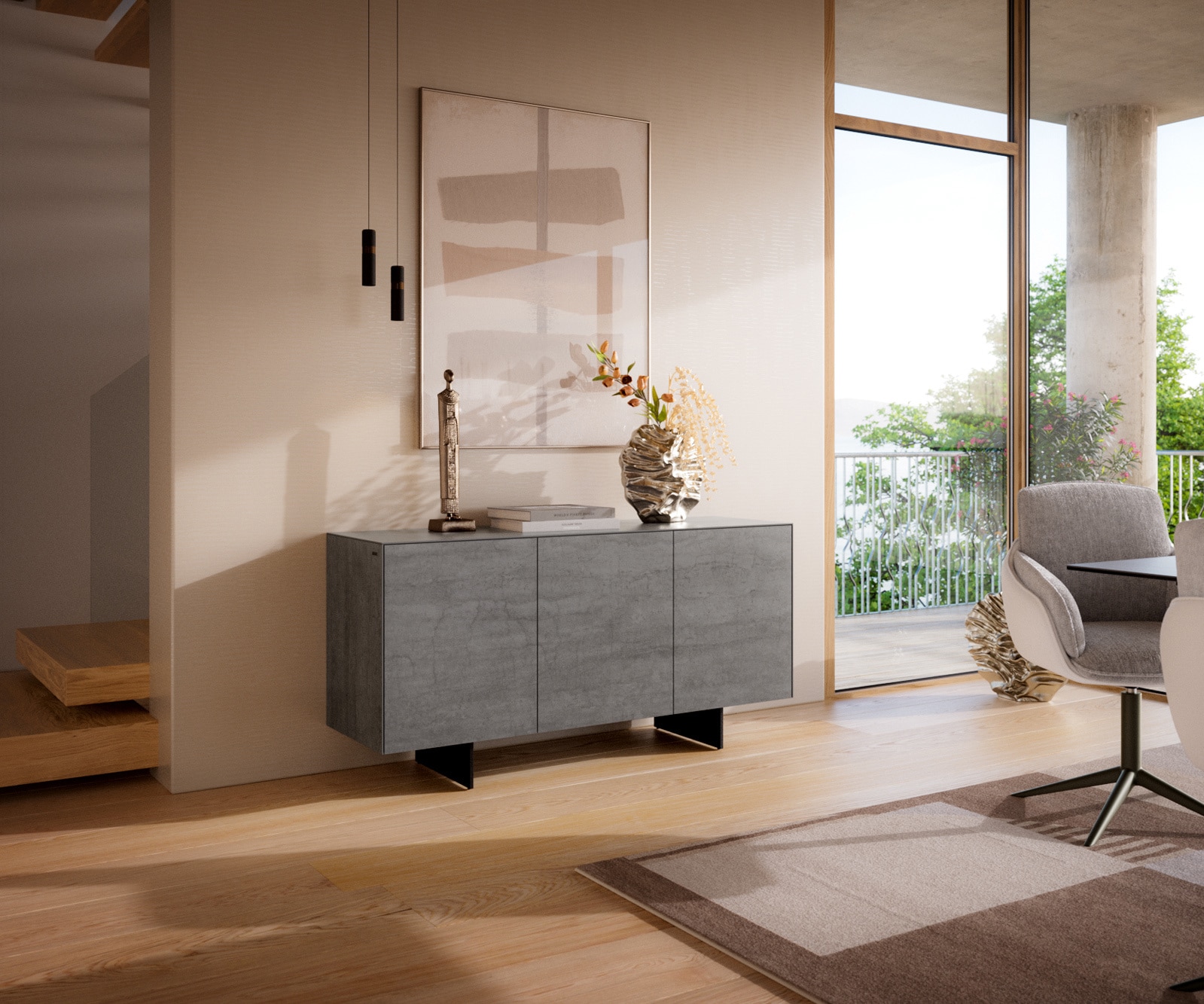 Sideboard Cuor 150 cm Keramik Beton Grau 3 Türen Fuß Schwebeoptik Metall Schwarz