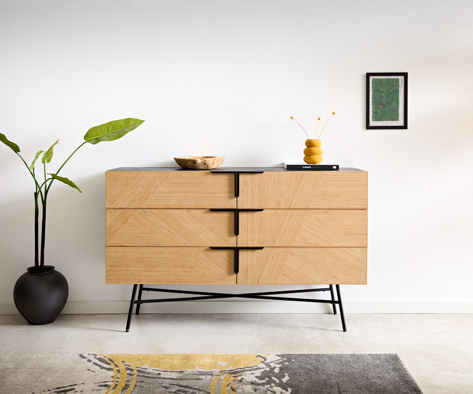 Sideboard Mikkusu 140 cm Bambus Natur Mango Schwarz 6 Schubladen Metall Schwarz 1
