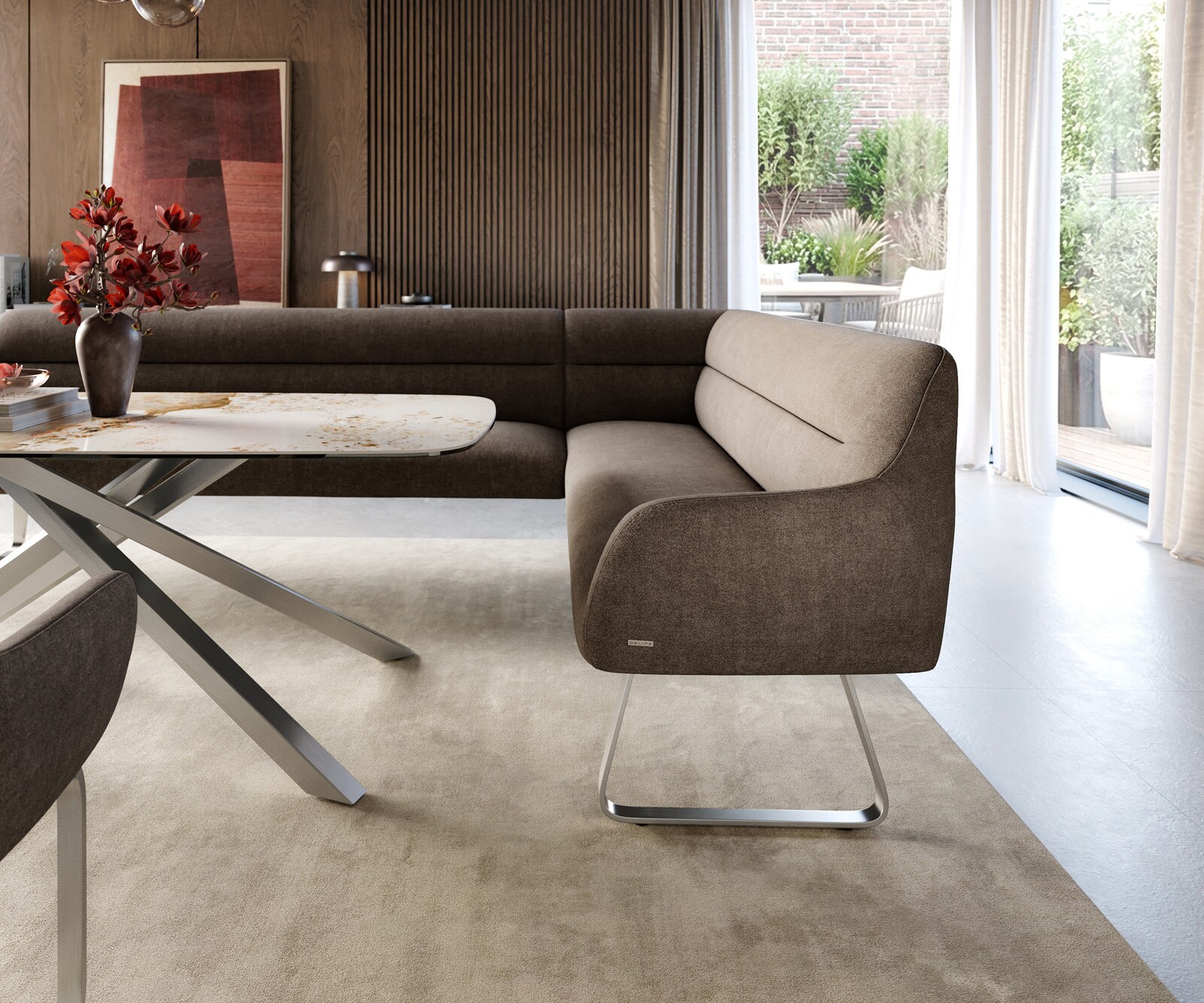 Esszimmerbank Taya-Flex 285x190 cm Strukturstoff Soft Taupe Kufengestell flach Edelstahl Taschenfederkern Links 5