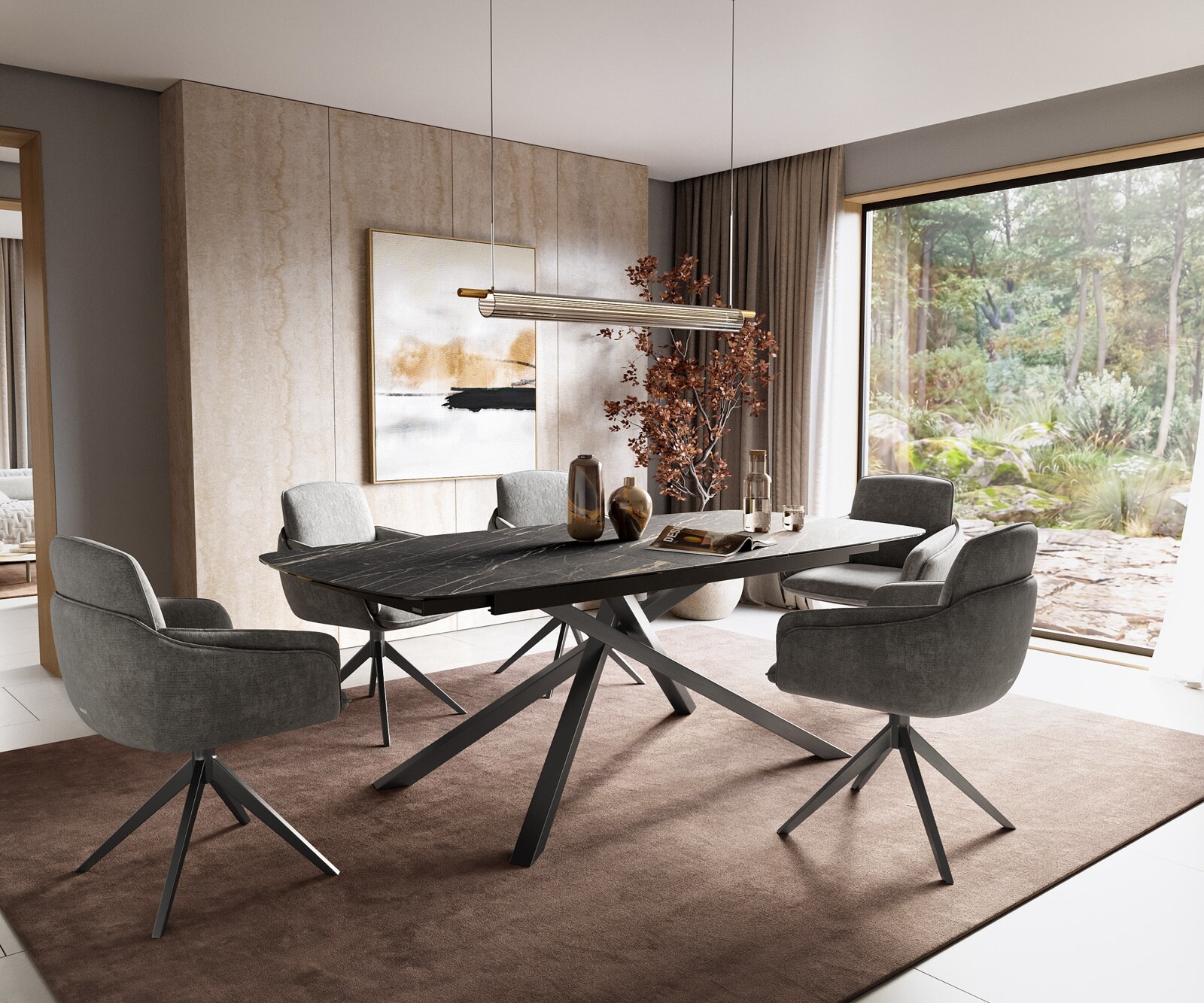 Esstisch Edge Boot 180-220x100 cm Laminam® Keramik Noir Desir Braun Kreuzgestell Rechteck Edelstahl Graphit ausziehbar 6