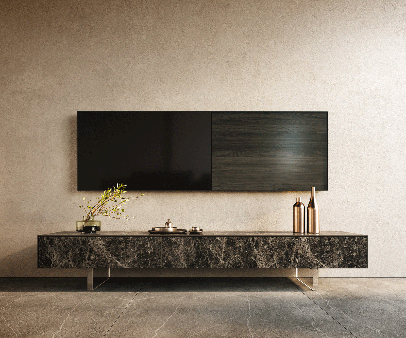 Lowboard Cuor 200 cm Keramik Laminam® Emperador Extra Lucidato Dunkelbraun 1 Klappe 1 Schubfach Fuß Schwebeoptik Acrylglas 1