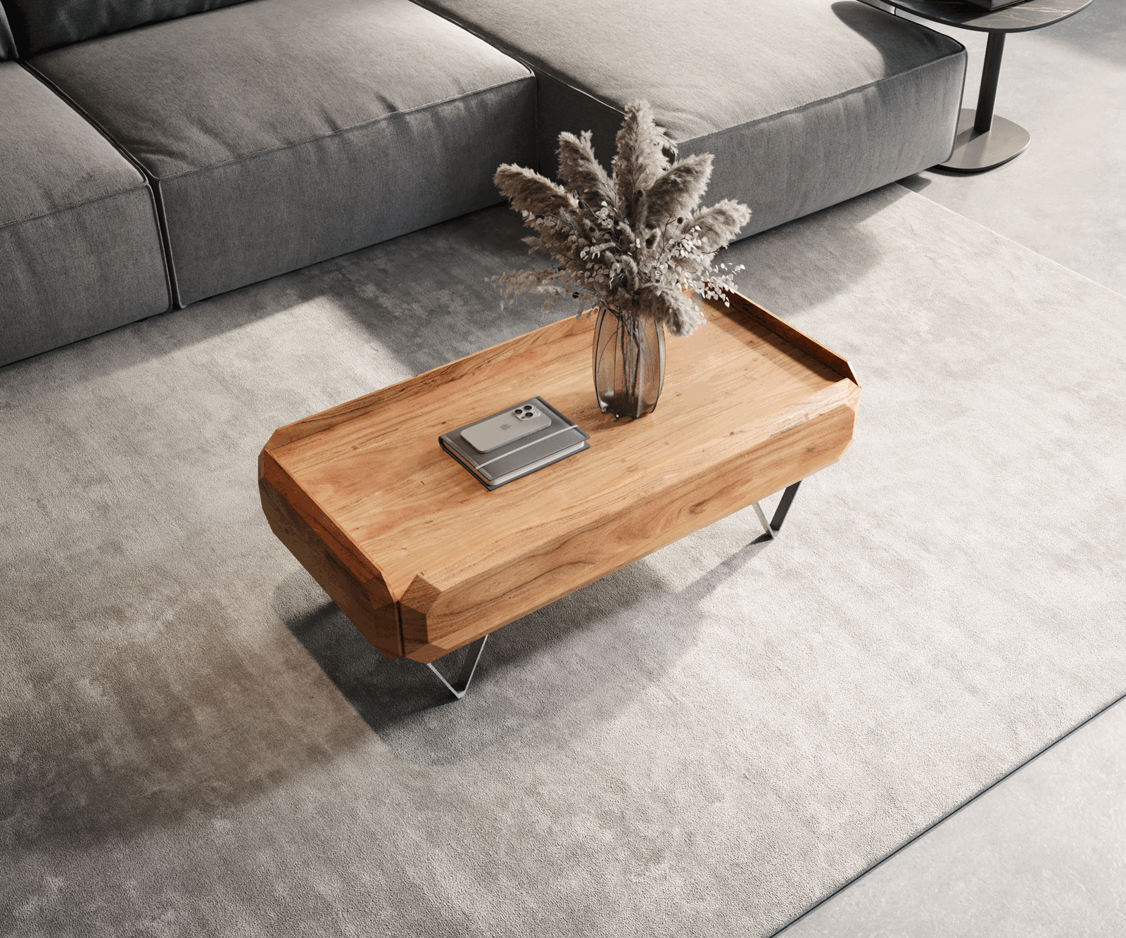 Couchtisch Kiano 100x50 cm Akazie Natur 2 Schübe V-Fuß Edelstahl 3