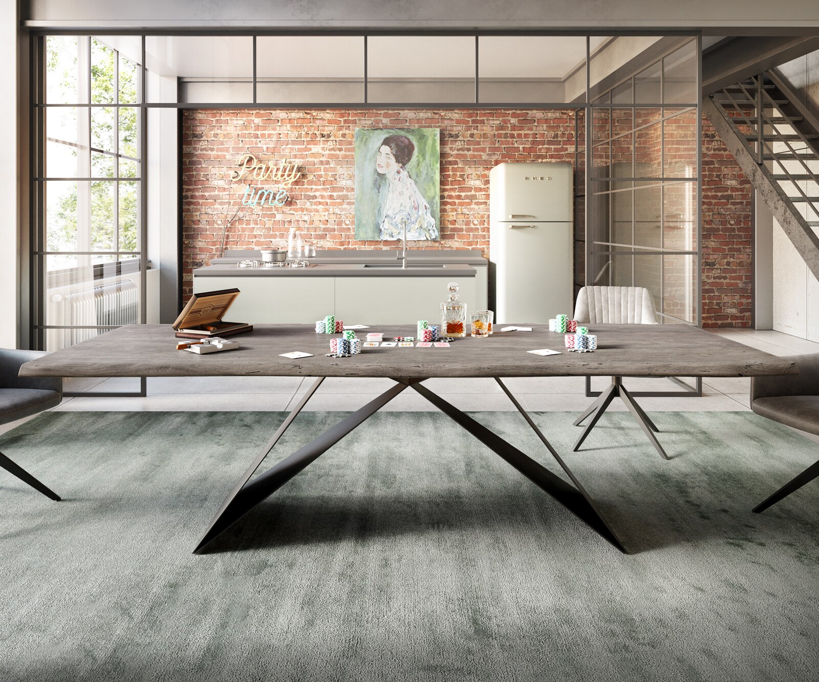 Esstisch Edge 260x100 Akazie Platin V-Gestell Flachstahl Schwarz Live-Edge 1
