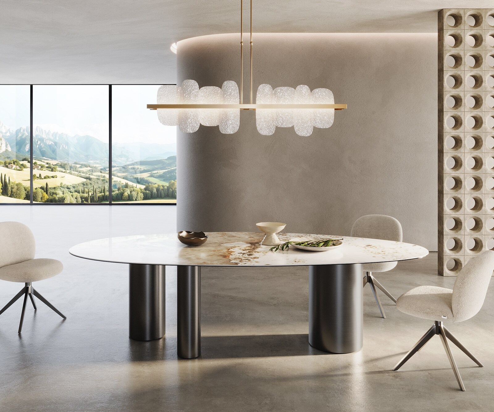 Esstisch Edge Oval 280x130 Keramik Minas Melange Weiß-Beige Troa Edelstahl Graphit