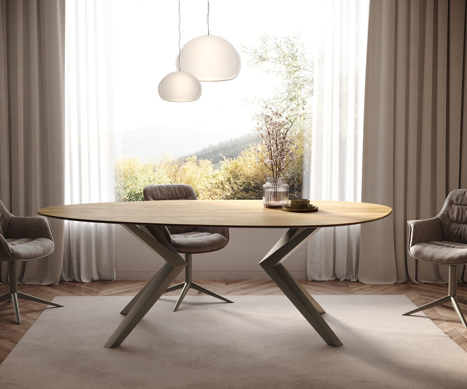 Esstisch Edge Oval 220x120 Keramik Laminam® Sabbia Eichefarbig Zenthara kantig Metall Effektfinish Titan 1