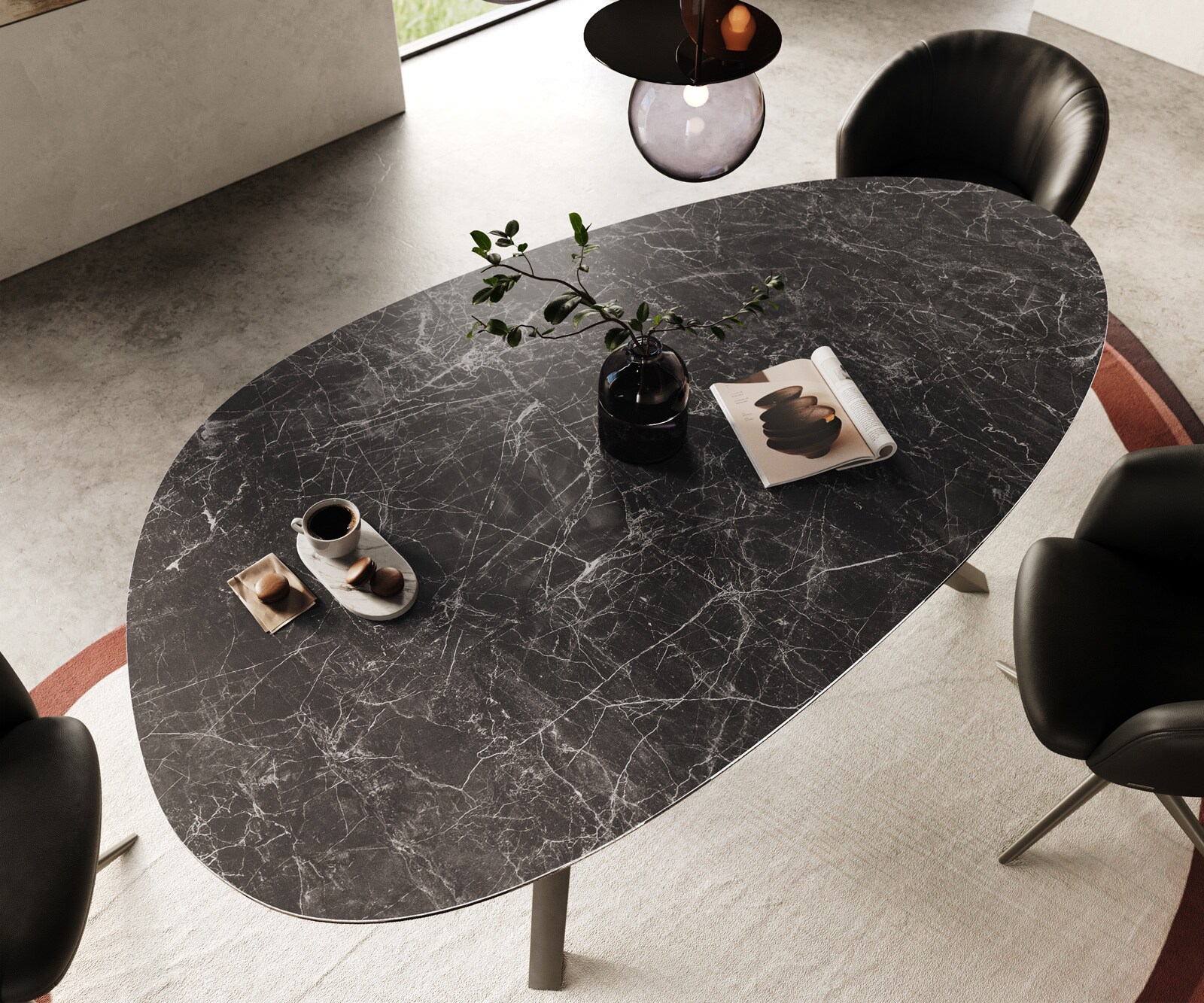 Esstisch Edge Oval 220x120 Keramik Laminam® Nero Greco Anthrazit Zenthara kantig Metall Effektfinish Titan 3