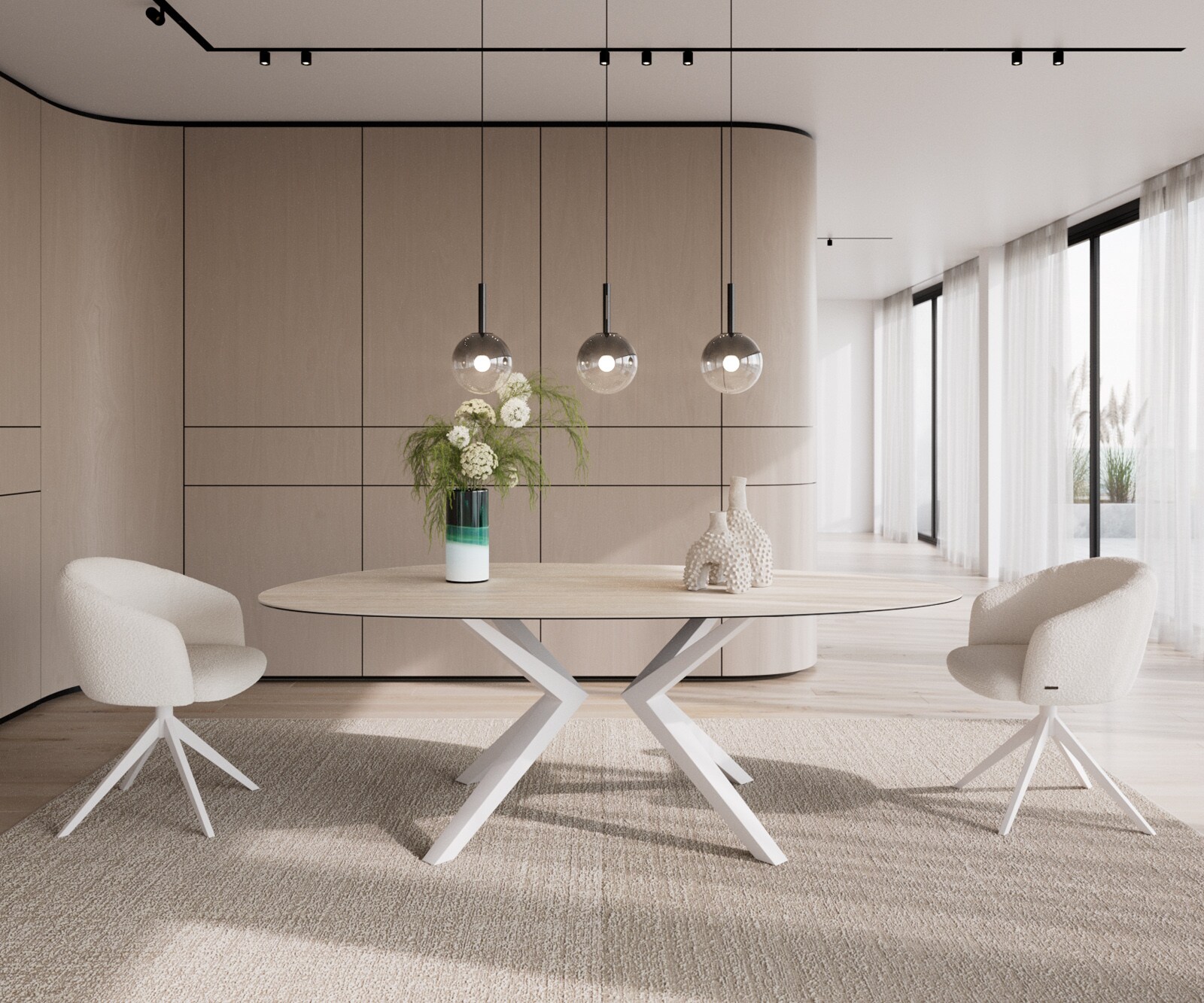 Esstisch Edge Oval 220x120 Keramik Laminam®Travertino Bianco Creme-Weiß​ Zenthara kantig Metall Weiß 2