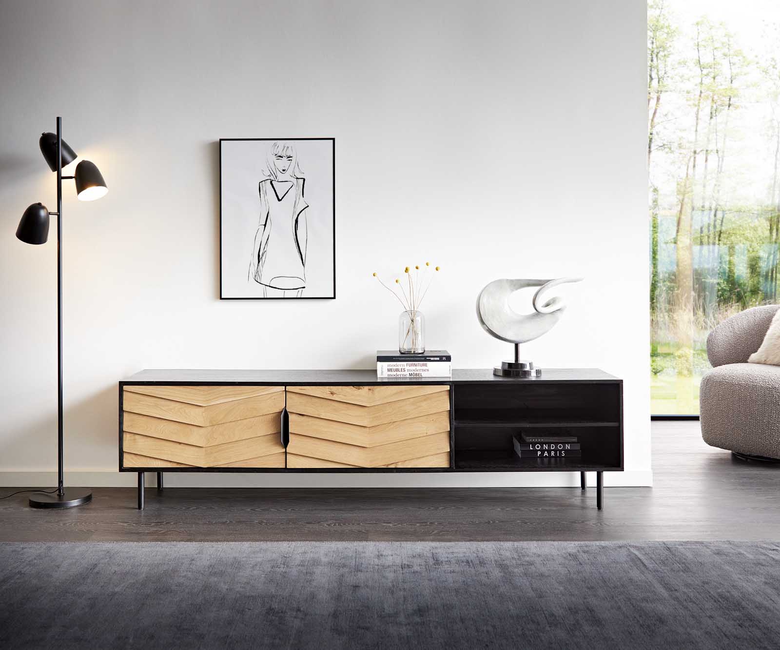 Lowboard Muvi 200 cm Eiche Natur Mango Schwarz Metall Schwarz 2 Türen 2 Fächer 1