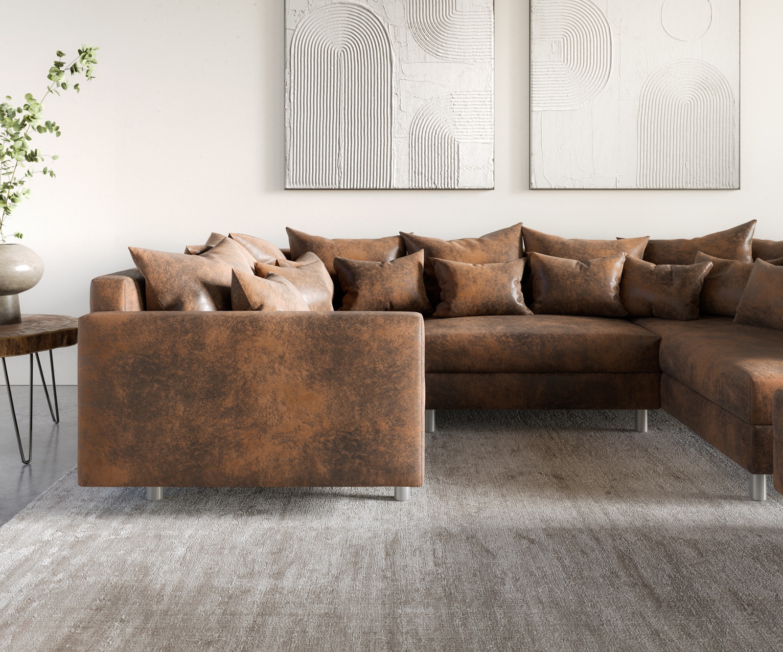Wohnlandschaft Clovis Braun Antik Optik modular Hocker Armlehne  6