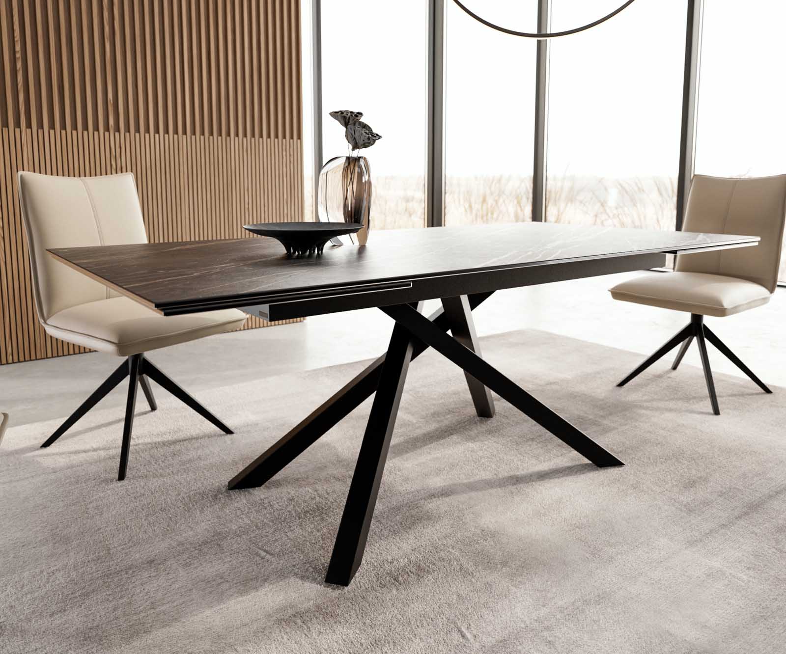 Esstisch Edge 200-300x100 Keramik Laminam®Noir Desir Braun Kreuzgestell Rechteck Schwarz ausziehbar 5