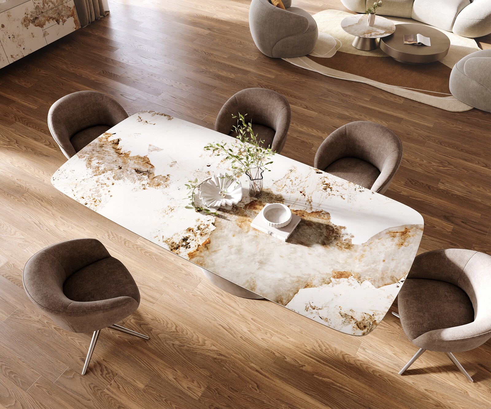 Esstisch Edge Boot 260x120 cm Keramik Minas Melange Weiß-Beige Cono Metallic Silber 4