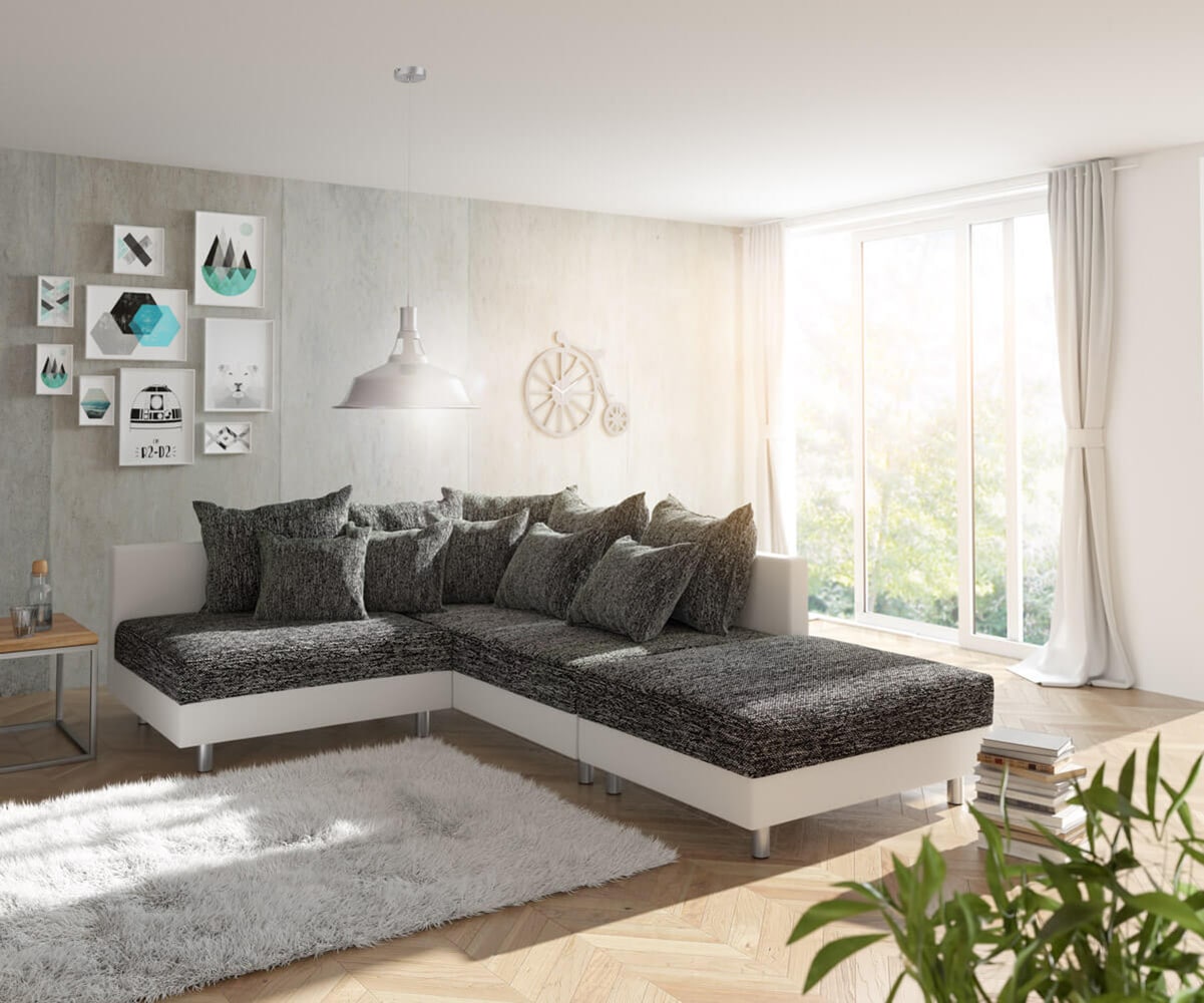 Ecksofa Clovis Weiss Schwarz mit Hocker Ottomane Rechts modular Ecksofa Clovis Weiss Schwarz mit Hocker Ottomane Rechts modular