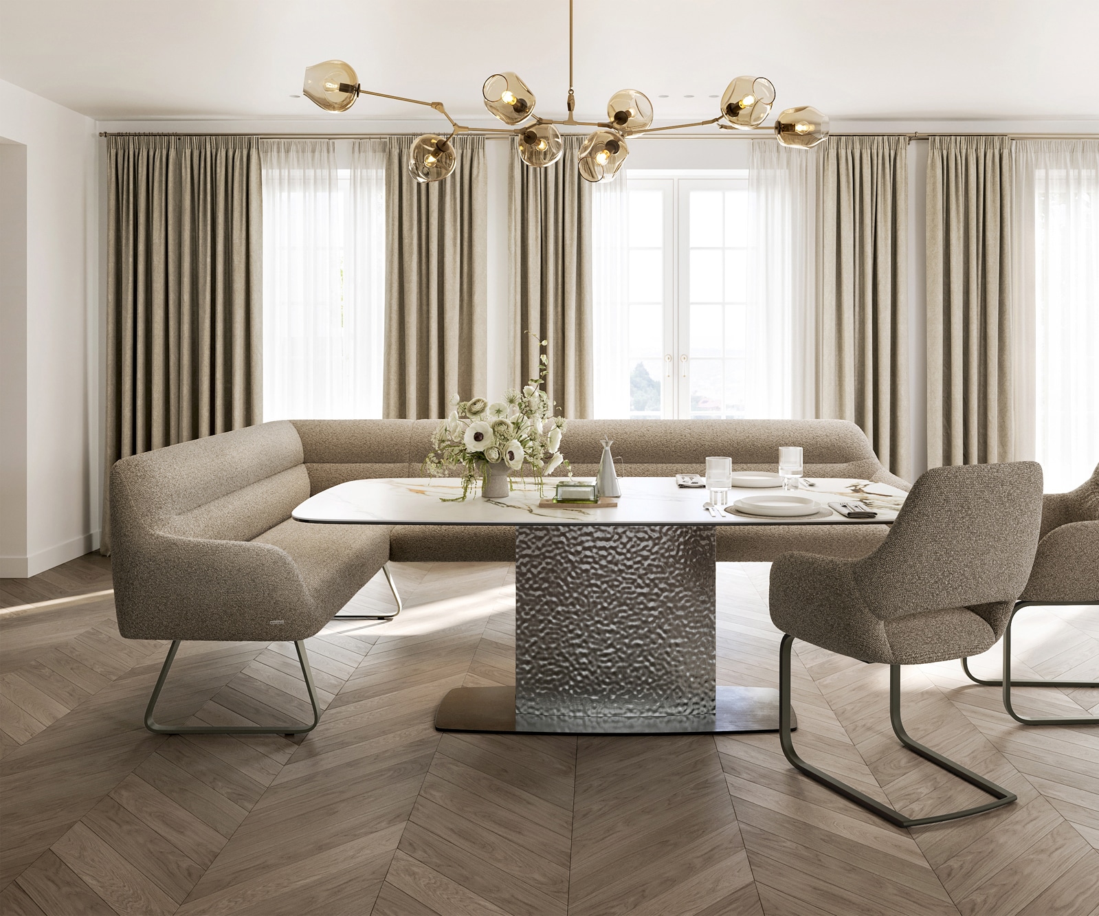 Esszimmerbank Taya-Flex 285x190 cm Bouclé Schlamm Kufengestell flach Effektfinish Titan Taschenfederkern Rechts 2