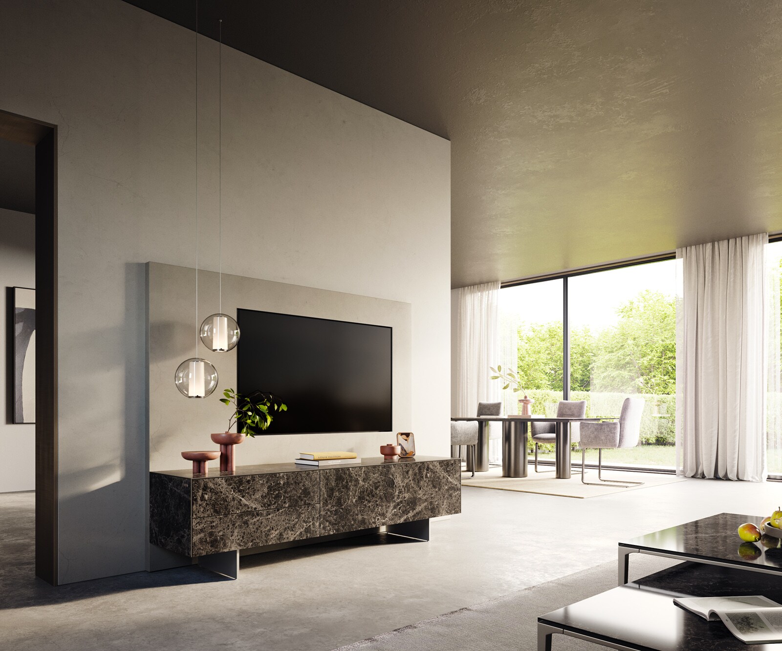 Lowboard Cuor 180 cm Keramik Laminam® Emperador Extra Lucidato Dunkelbraun 1 Klappe 2 Schubfächer Fuß Schwebeoptik Edelstahl 7