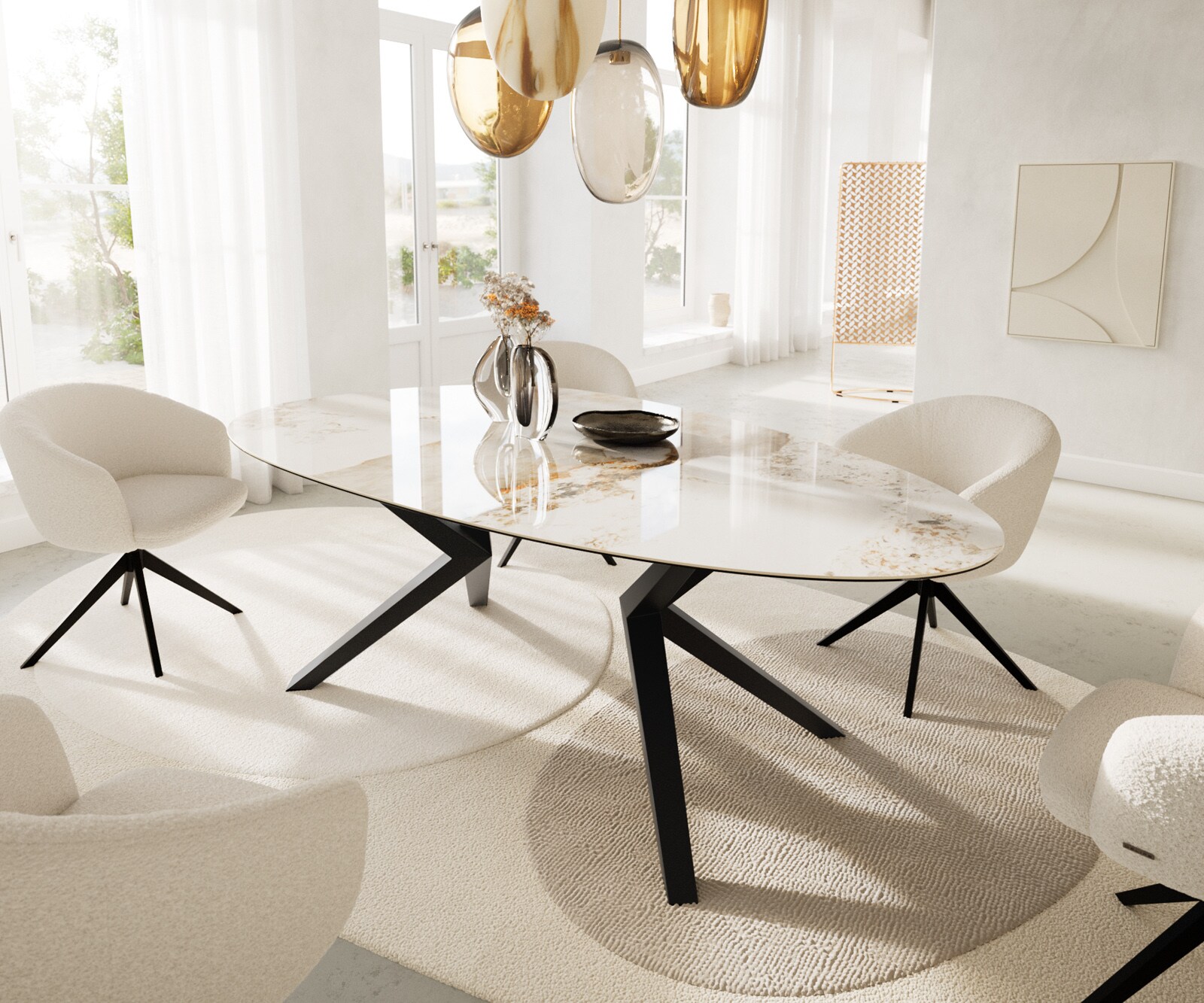 DELIFE Esstisch Edge Oval 220x120 Keramik Minas Melange Weiß-Beige Zenthara kantig Metall Schwarz